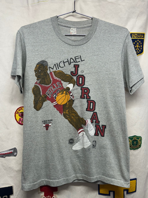 Vintage 80's Michael Jordan Chicago Bulls NBA Cartoon ScreenStars Grey T-Shirt: M