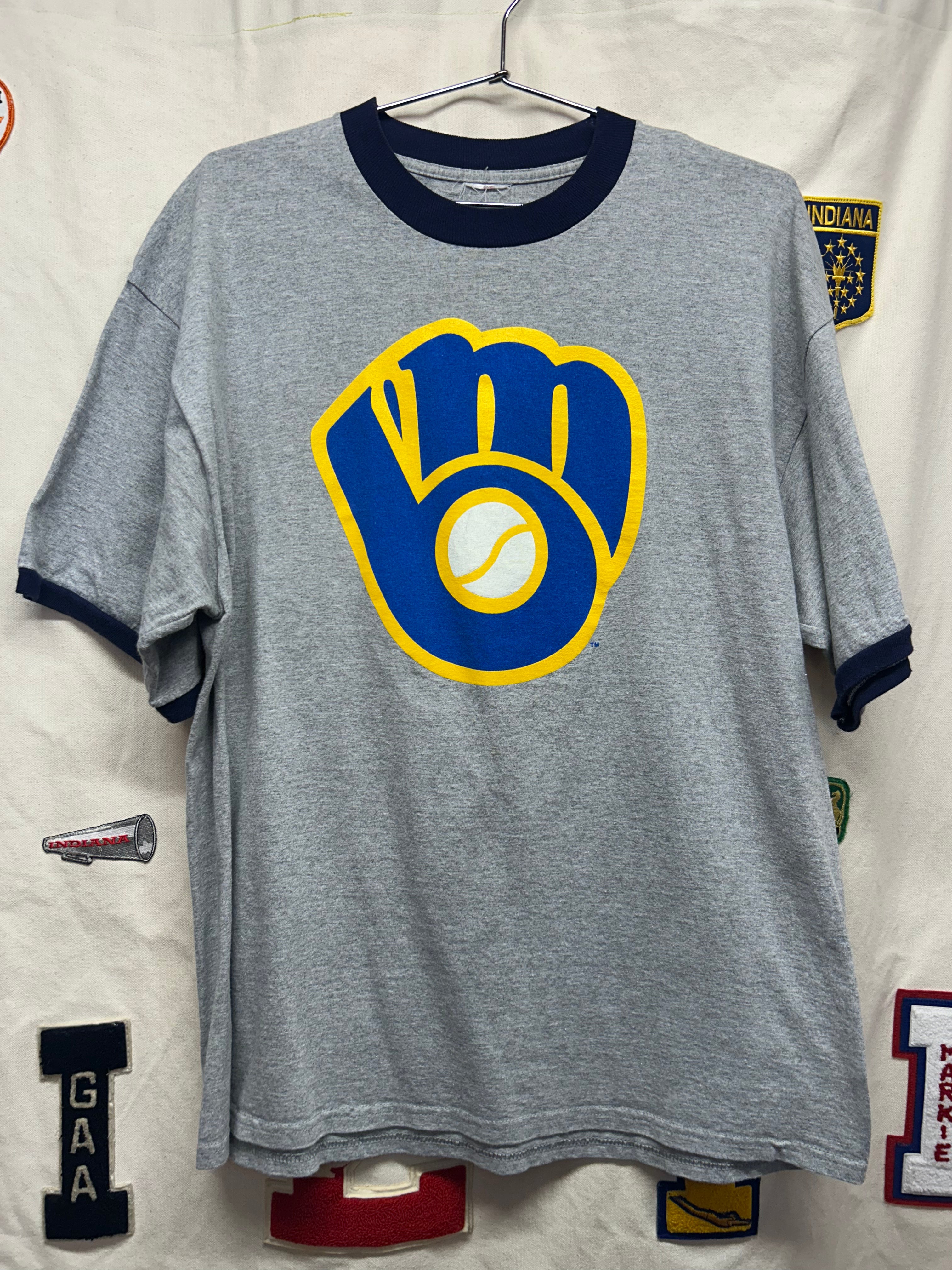 Vintage Milwaukee Brewers MLB Big Glove Logo Miller Lite Grey Ringer T-Shirt: L