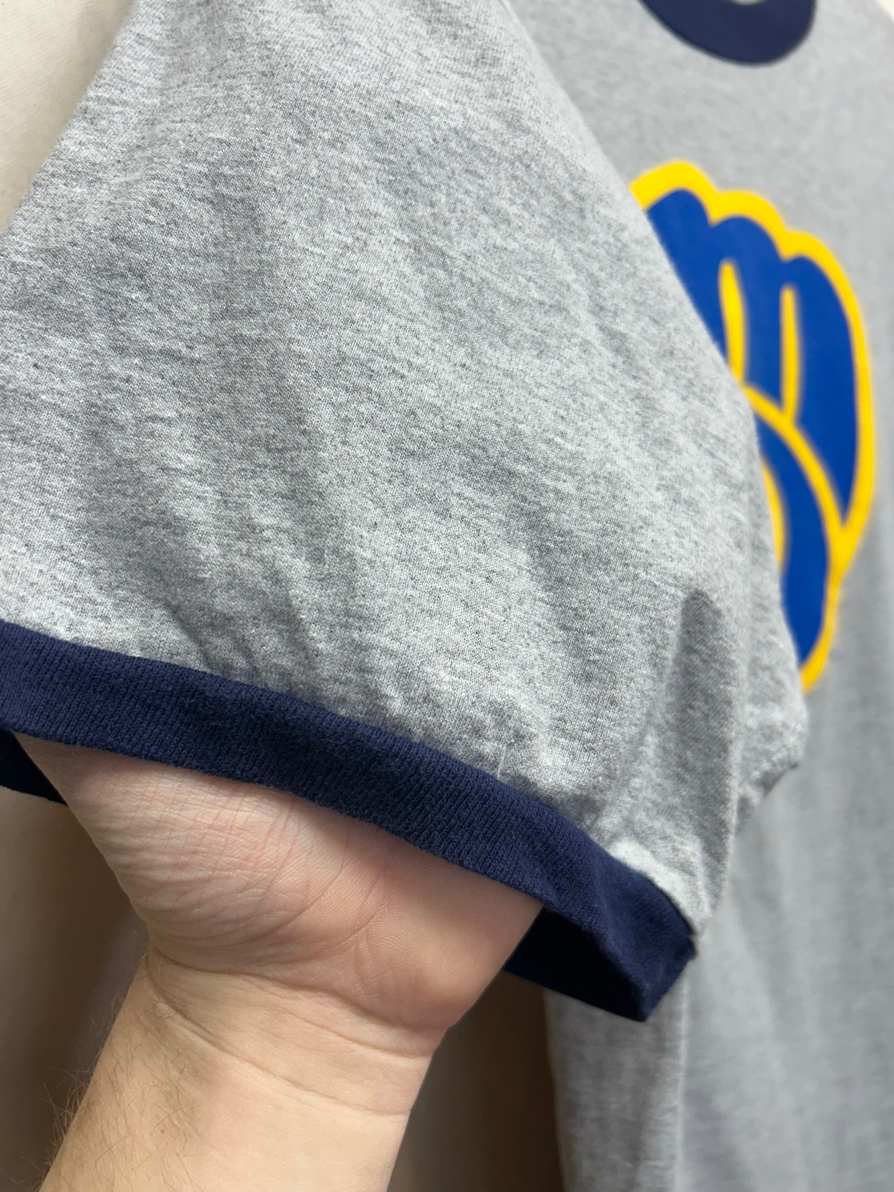 Vintage Milwaukee Brewers MLB Big Glove Logo Miller Lite Grey Ringer T-Shirt: L