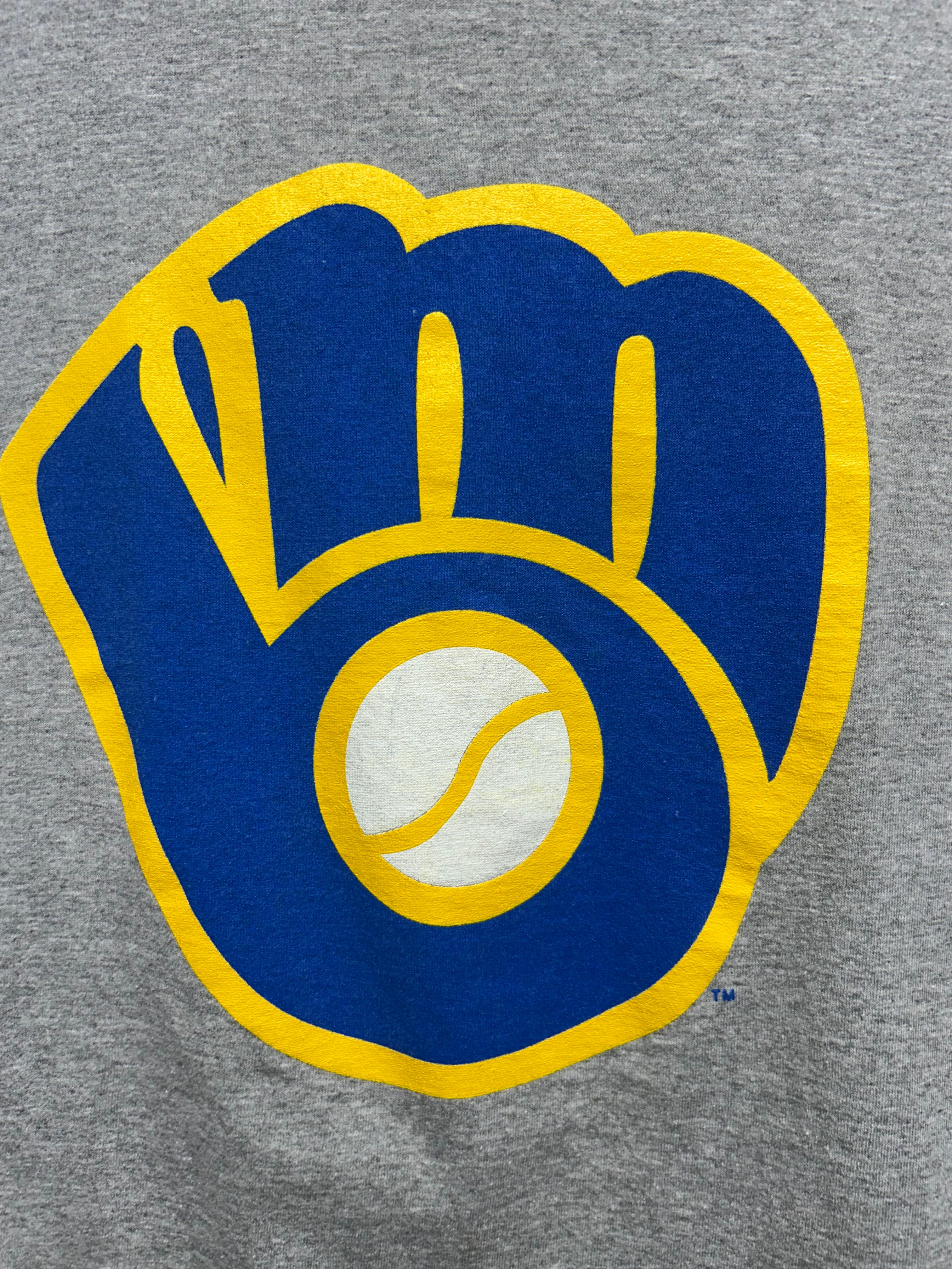 Vintage Milwaukee Brewers MLB Big Glove Logo Miller Lite Grey Ringer T-Shirt: L