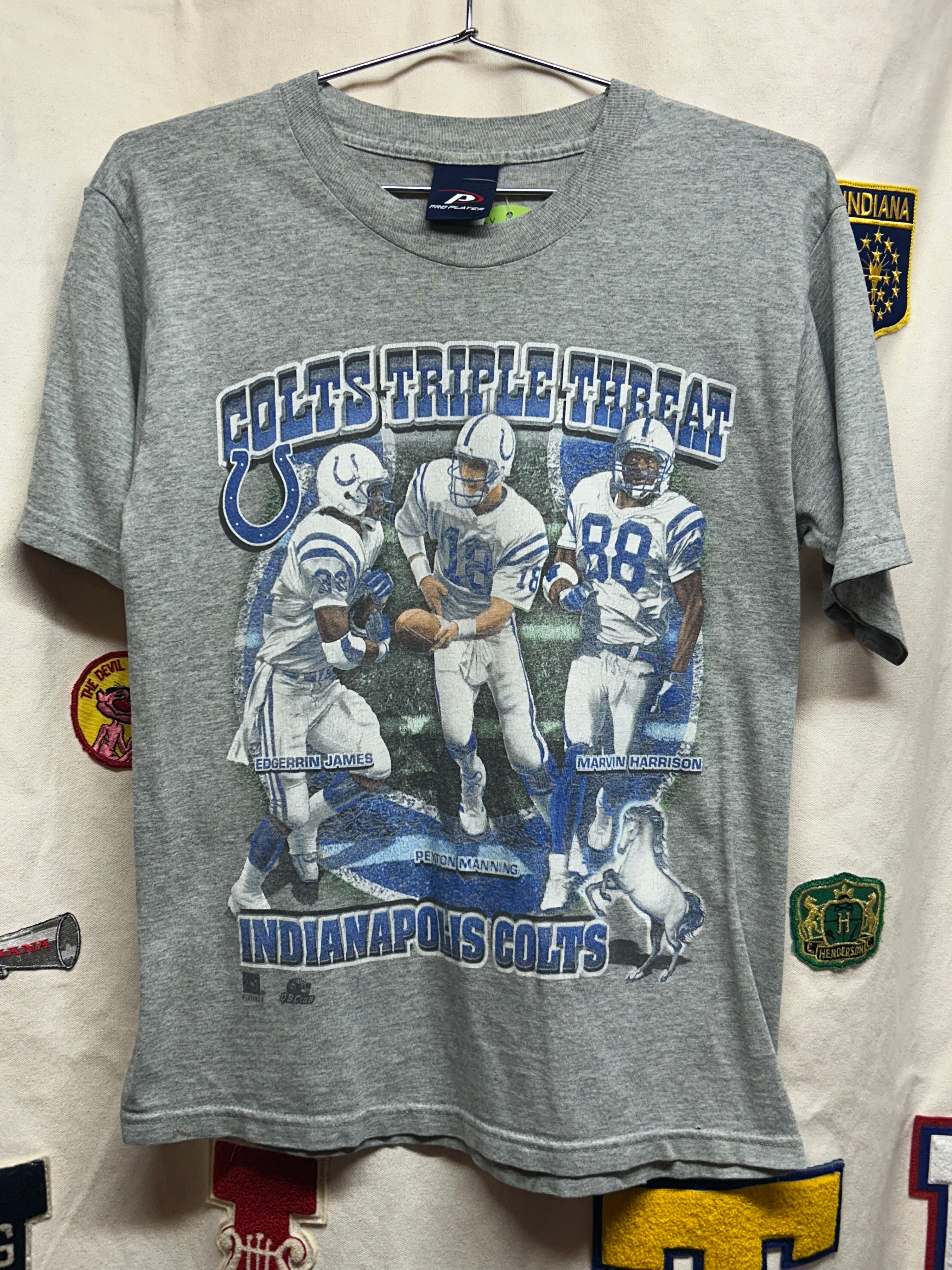 Vintage Y2K Indianapolis Colts "Triple Threat" Peyton Manning Marvin Harrison Edgerrin James Grey T-Shirt: Youth Large
