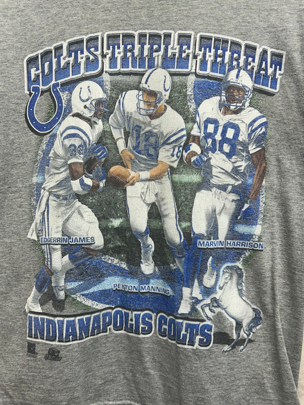 Vintage Y2K Indianapolis Colts "Triple Threat" Peyton Manning Marvin Harrison Edgerrin James Grey T-Shirt: Youth Large