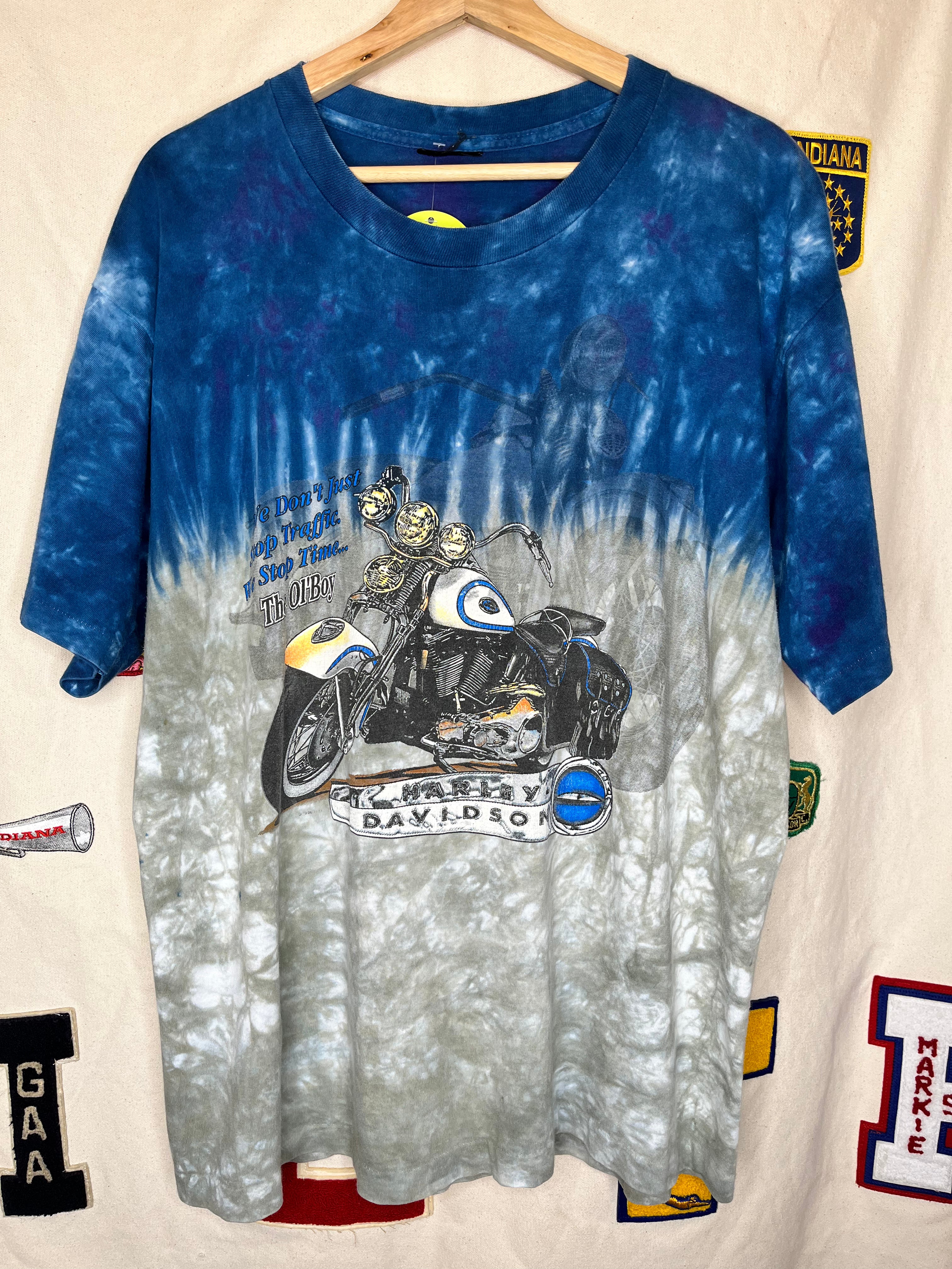 Vintage Harley Davidson Ol Boy Motorcycle Howell's 1997 Tie-Dye Blue T-Shirt: XL