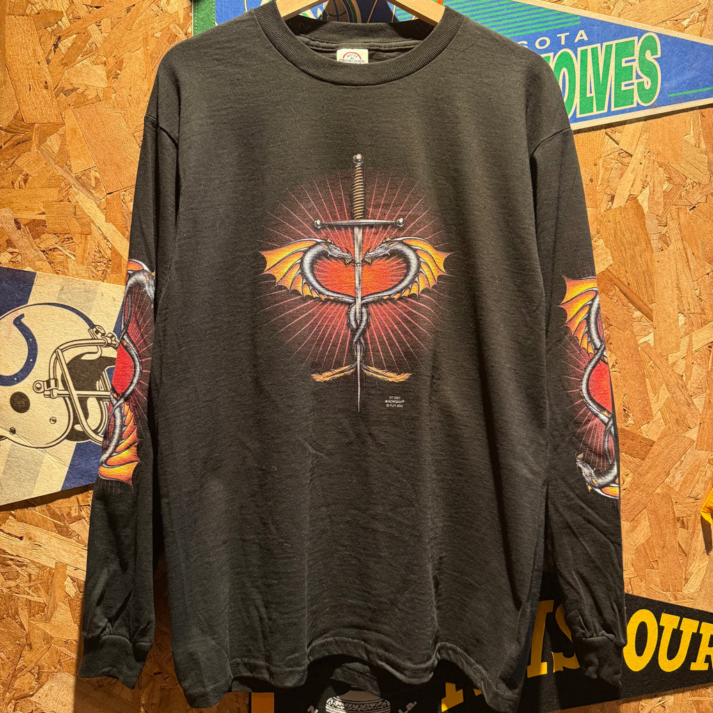 Vintage Medieval Dragon and Sword Graphic Long Sleeve Shirt: M