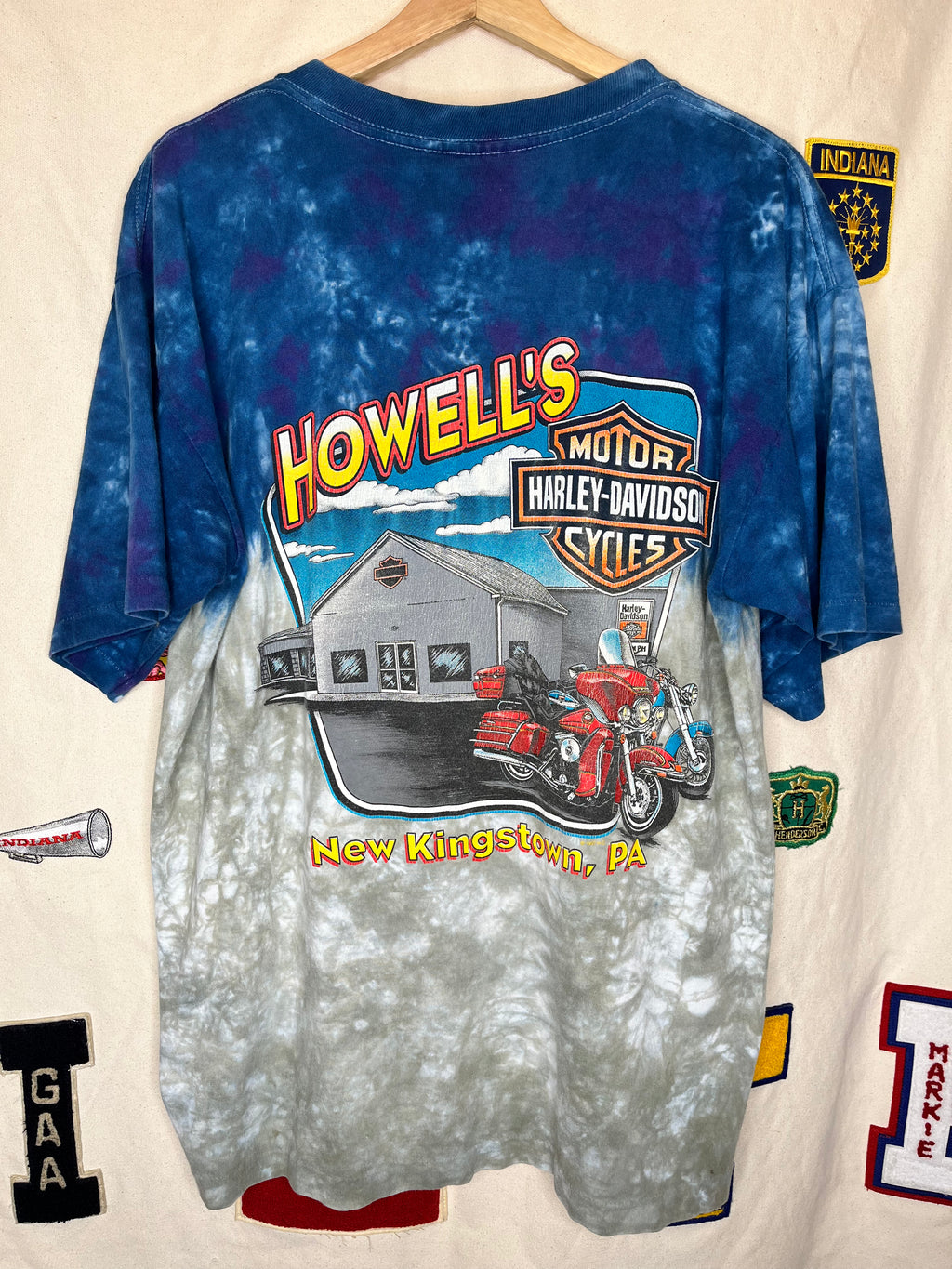 Vintage Harley Davidson Ol Boy Motorcycle Howell's 1997 Tie-Dye Blue T-Shirt: XL