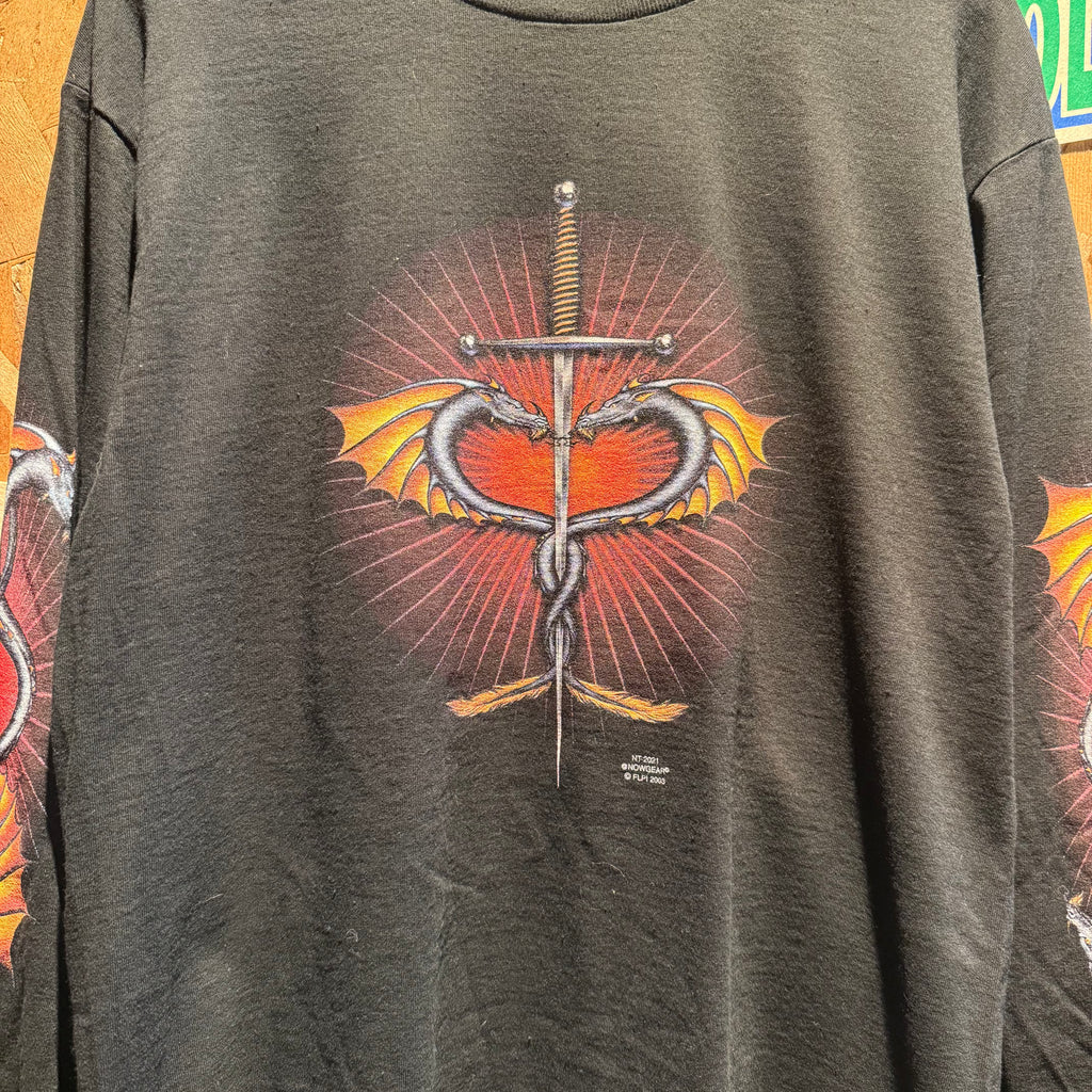 Vintage Medieval Dragon and Sword Graphic Long Sleeve Shirt: M
