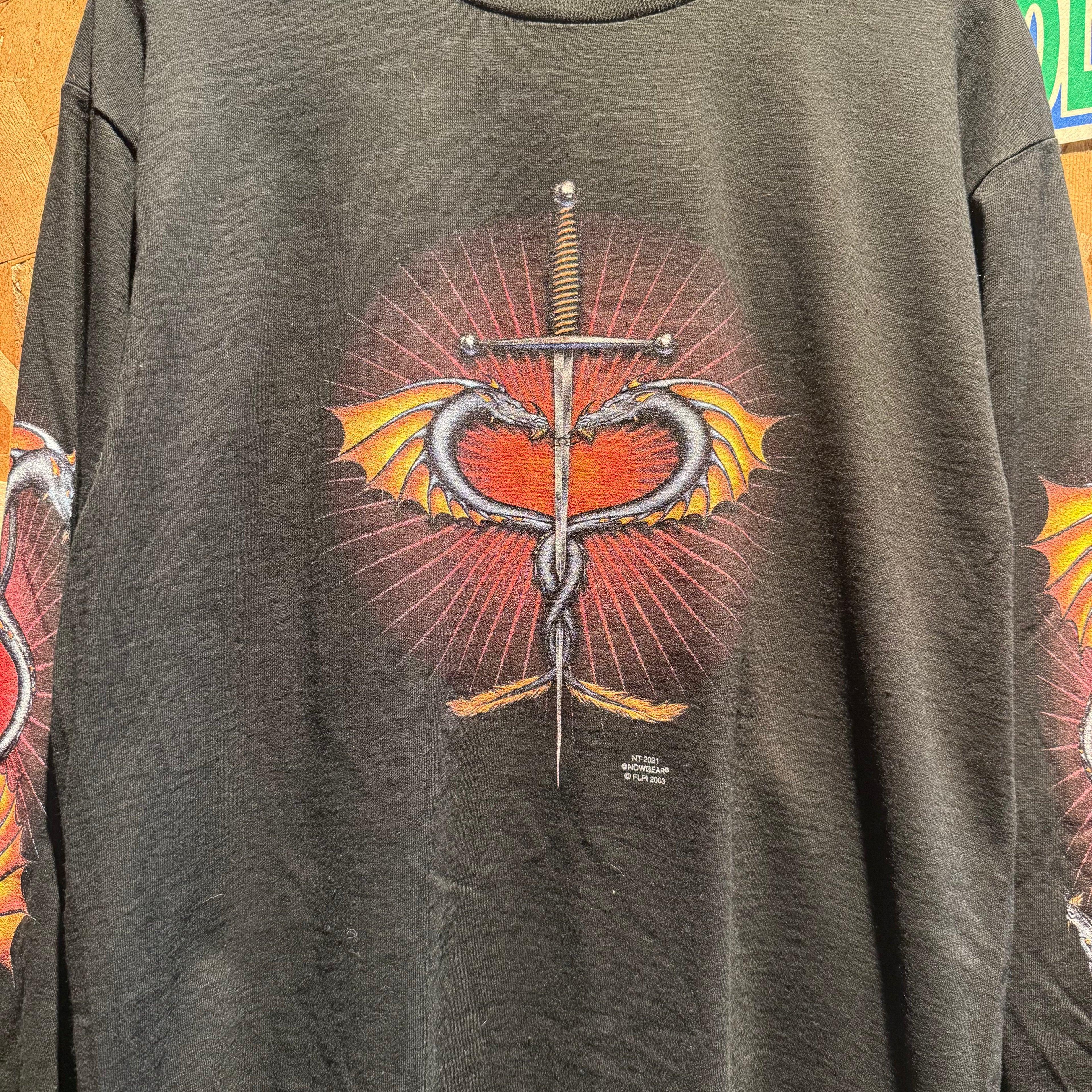 Vintage Medieval Dragon and Sword Graphic Long Sleeve Shirt: M