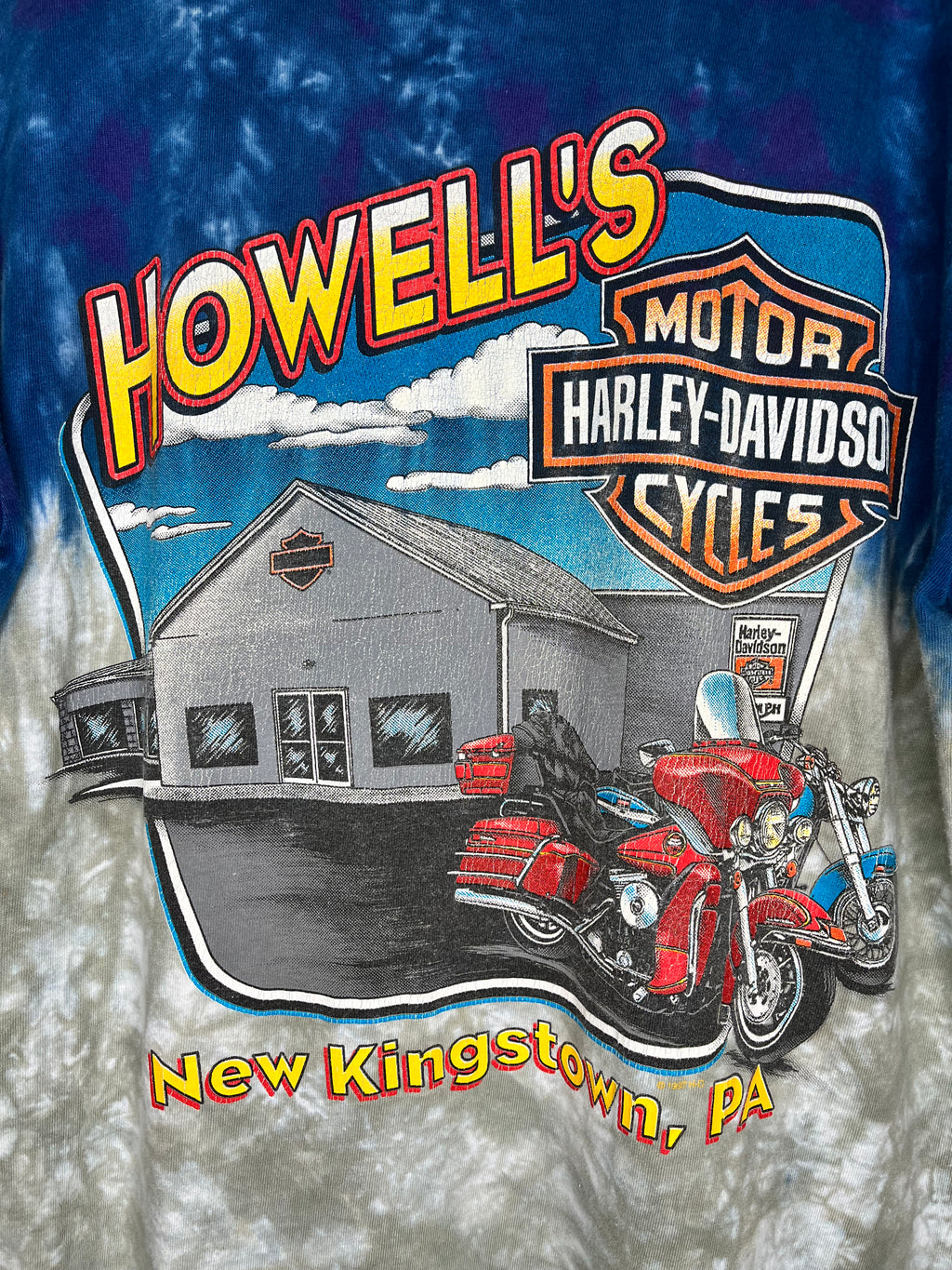 Vintage Harley Davidson Ol Boy Motorcycle Howell's 1997 Tie-Dye Blue T-Shirt: XL