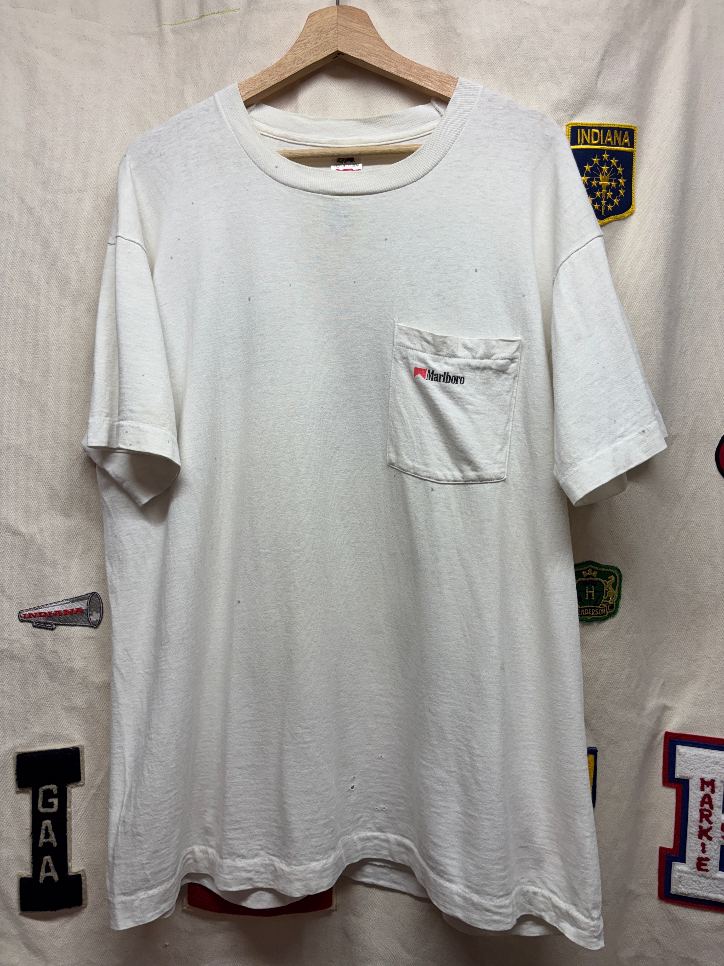 Vintage Marlboro Man Cowboy Smoking Cigarette Advertising White Pocket T-Shirt: XL