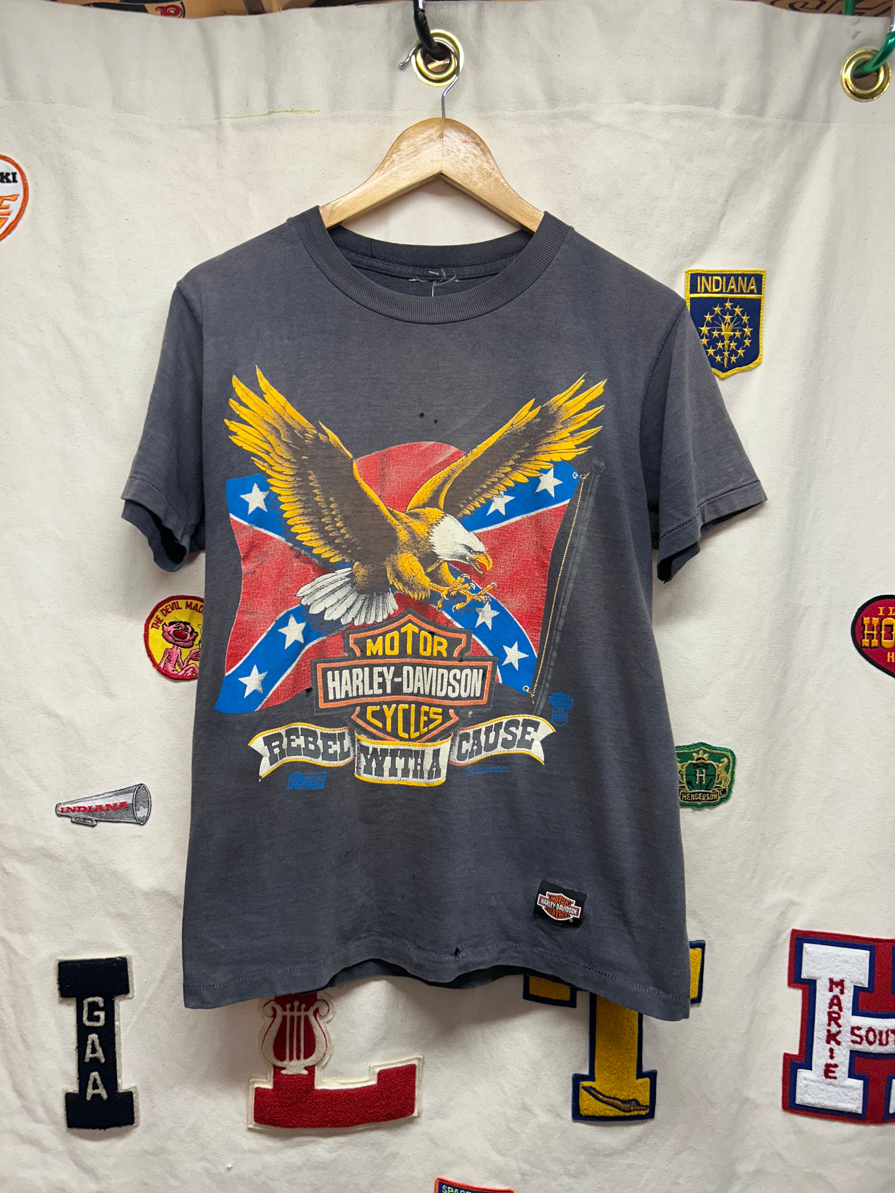 Vintage 1990 Harley Davidson Motor Cycles Rebel With a Cause Faded Black T-Shirt: Small