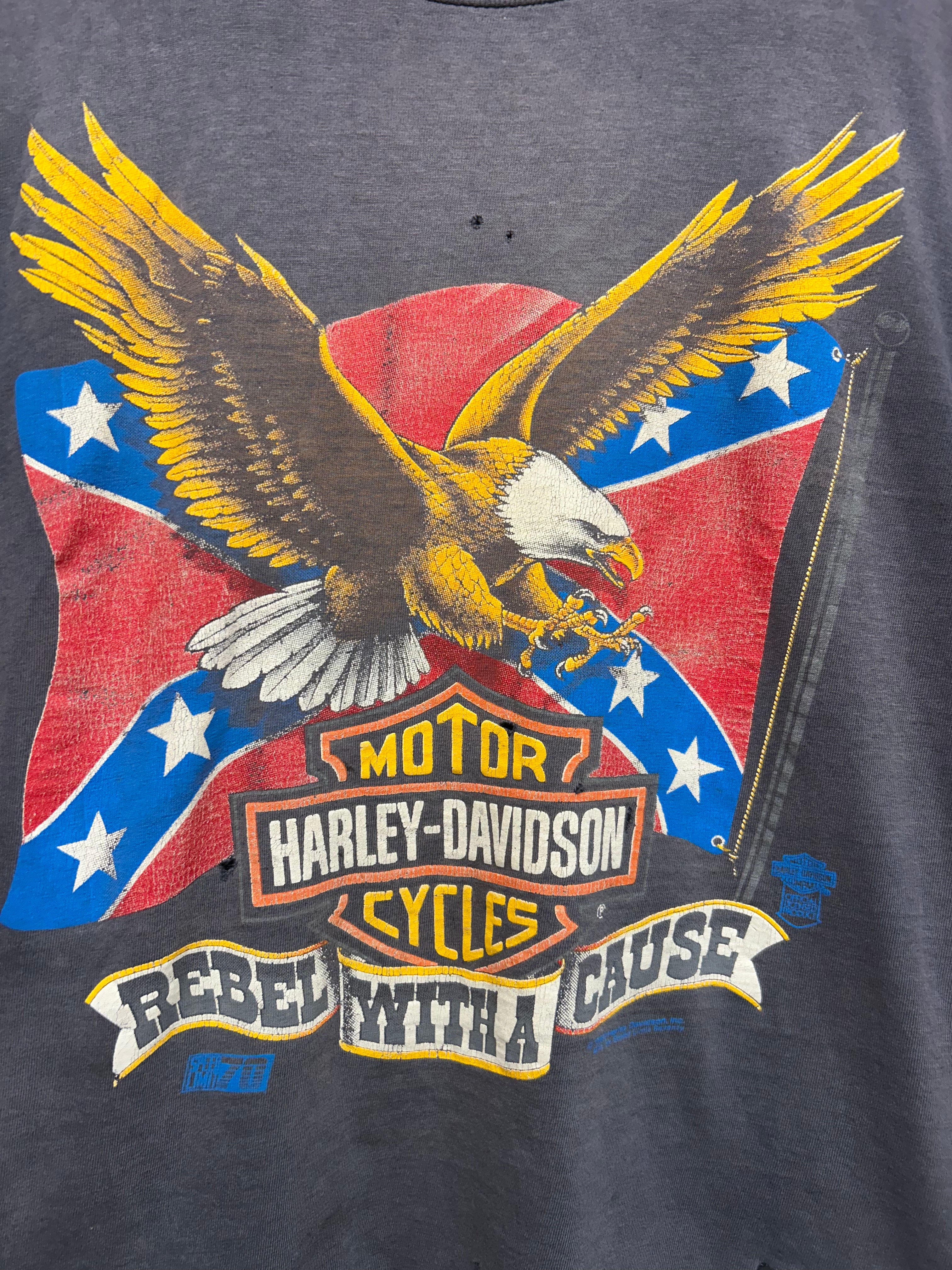 Vintage 1990 Harley Davidson Motor Cycles Rebel With a Cause Faded Black T-Shirt: Small