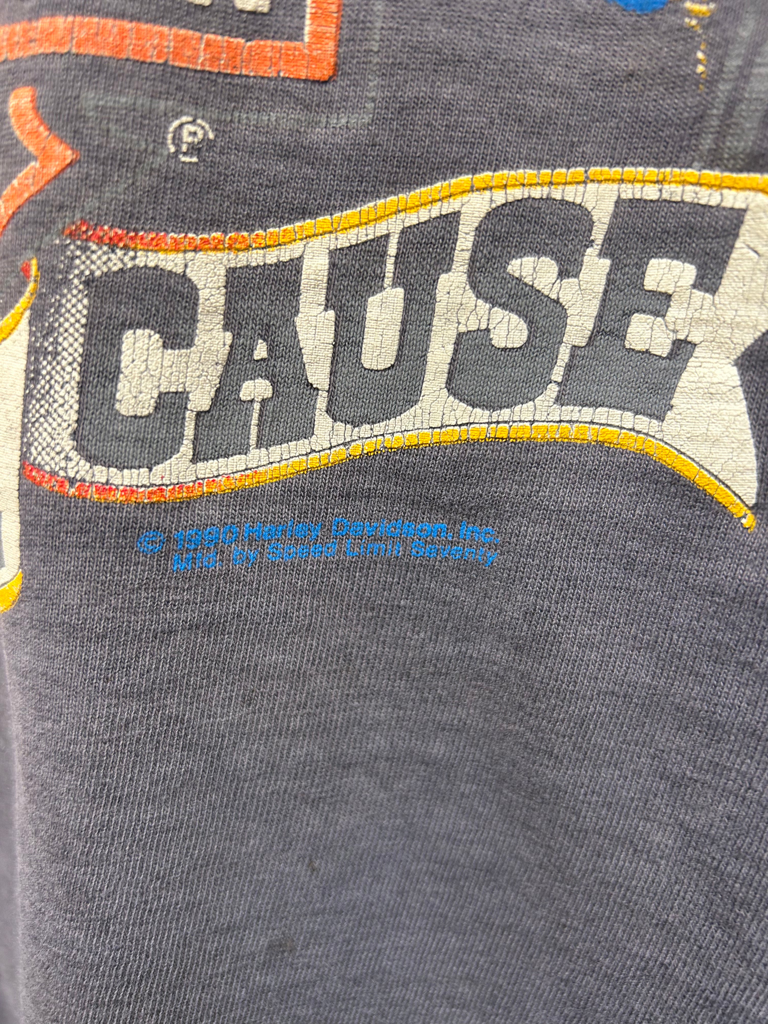 Vintage 1990 Harley Davidson Motor Cycles Rebel With a Cause Faded Black T-Shirt: Small