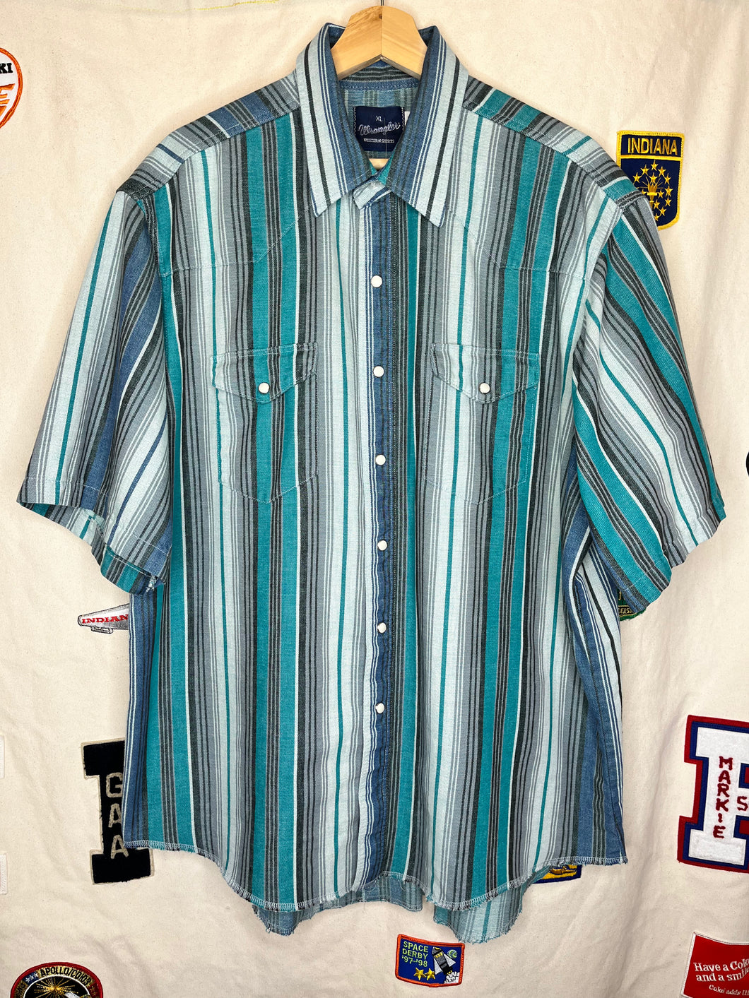 Vintage Wrangler Pearl Snap Teal Stripe Button Up Shirt: XL