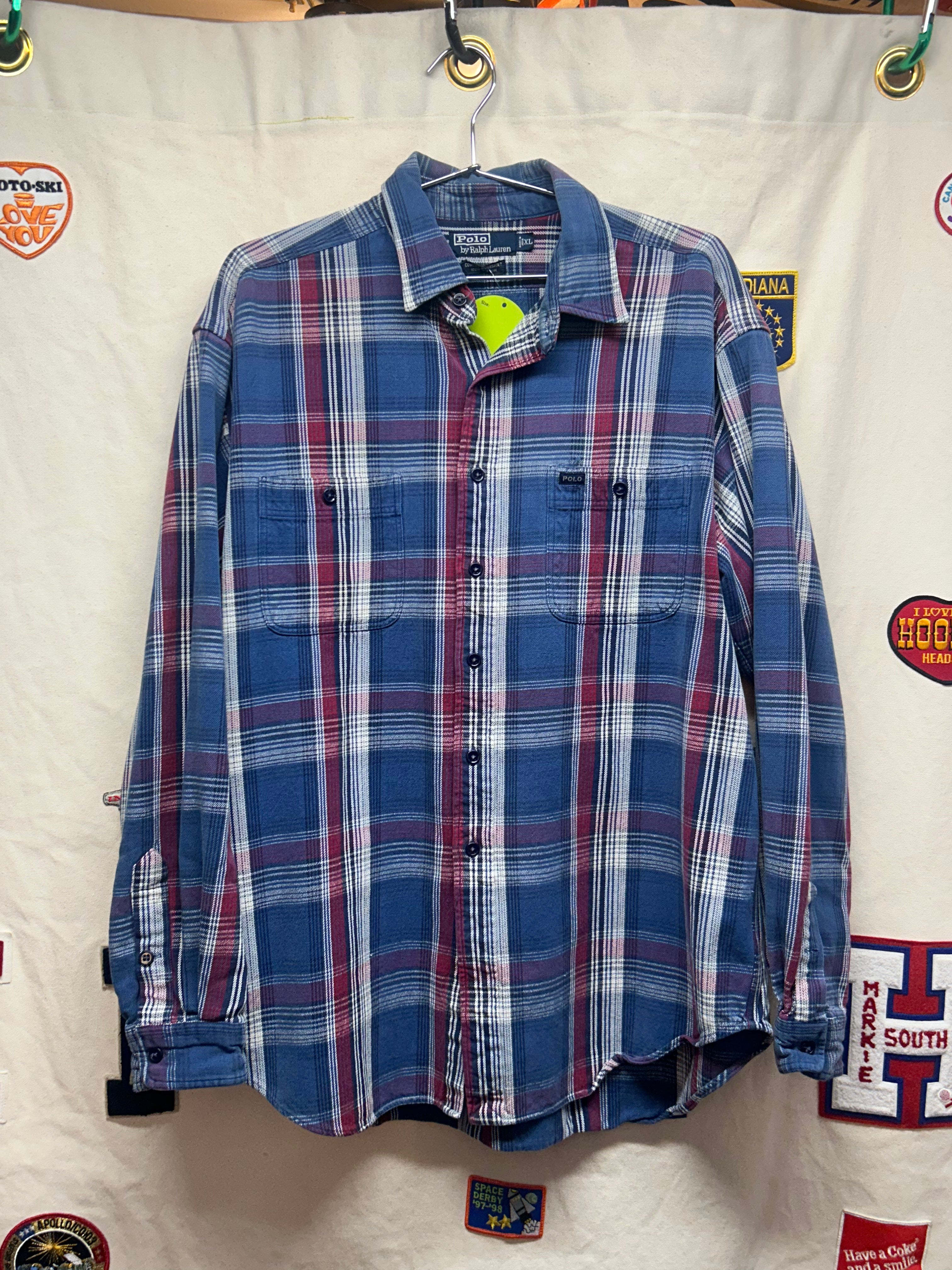 Vintage Polo Ralph Lauren Plaid button-down Blue and Red Checkered Long-Sleeve Shirt: XL
