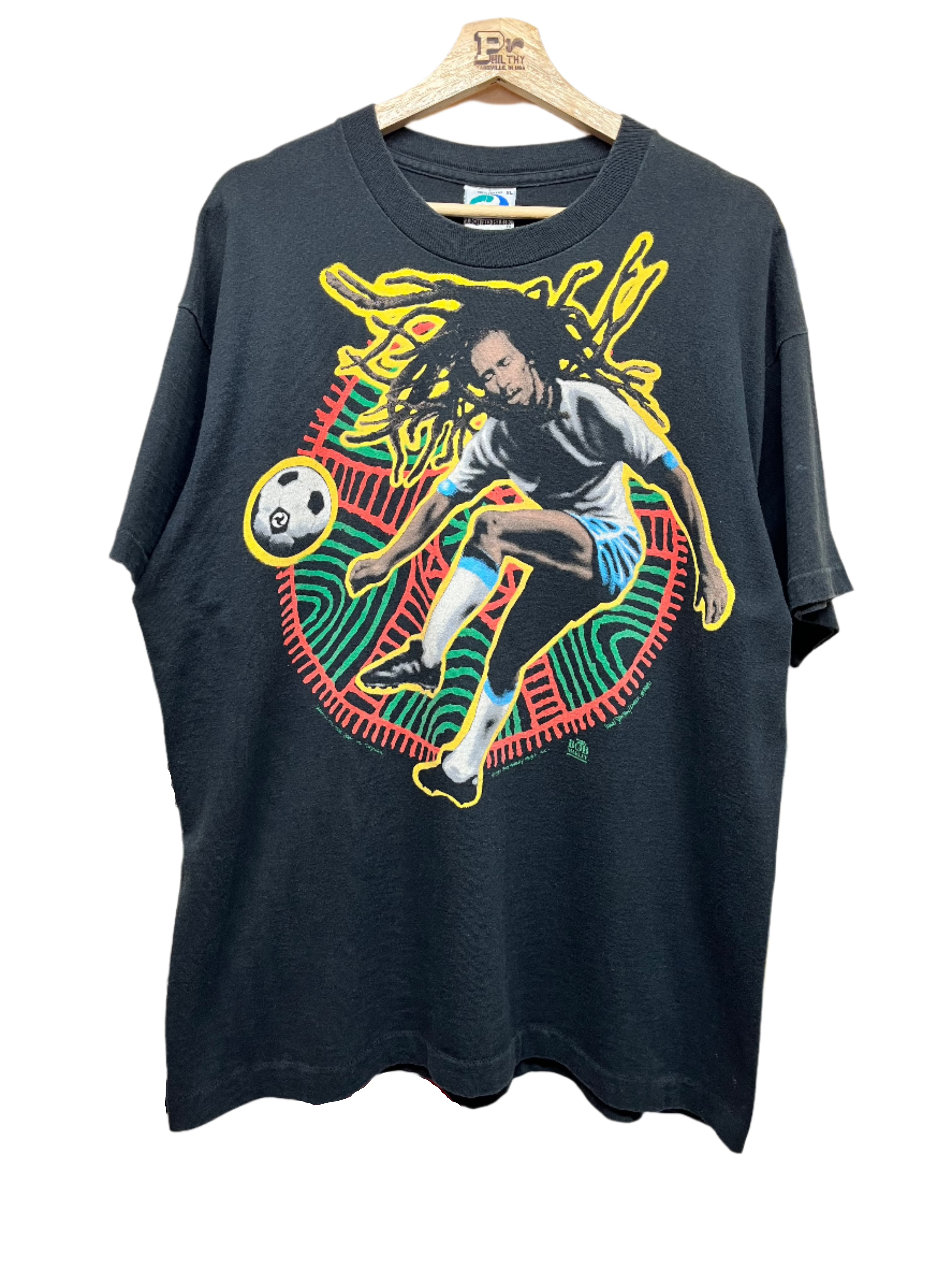 Vintage Bob Marley Liquid Blue Rasta Soccer 1994 Black T-Shirt: XL