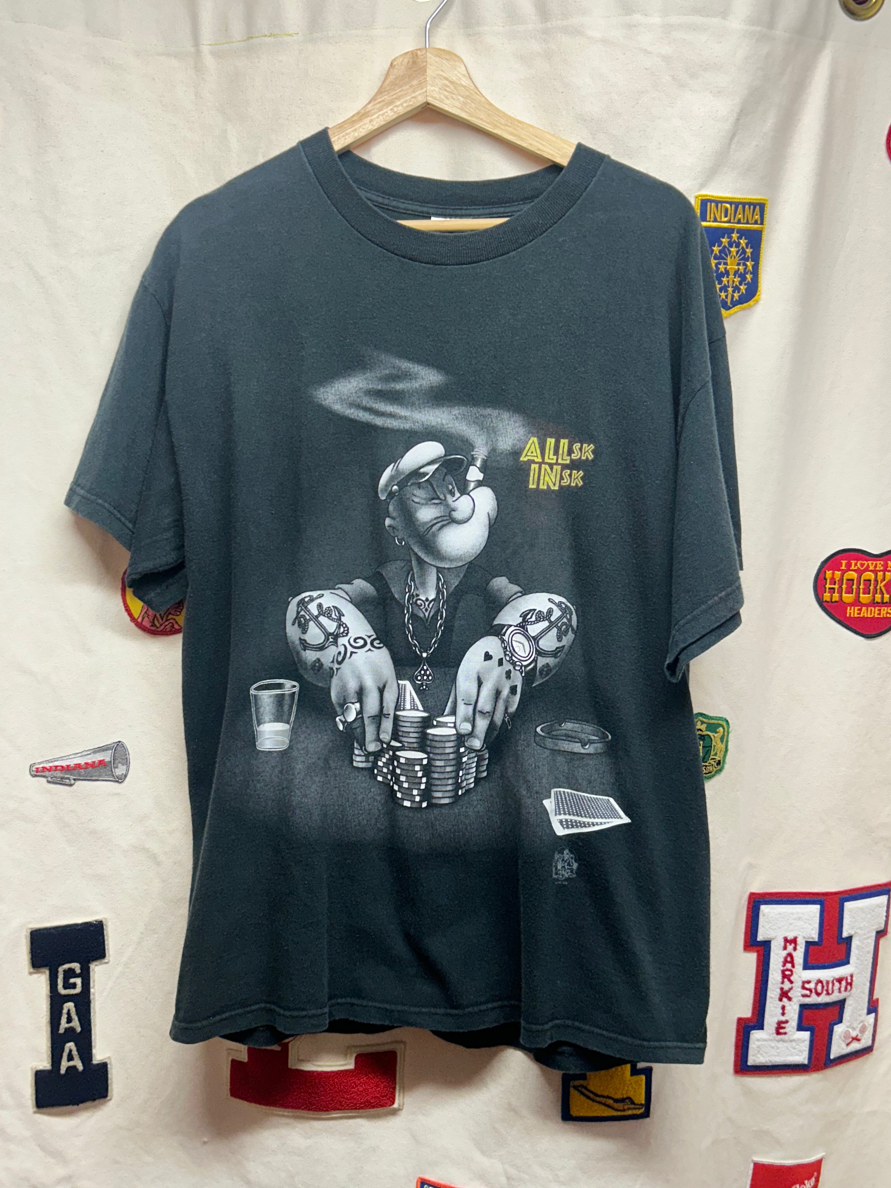 Vintage Popeye Y2K Hustler Poker Black T-Shirt: L