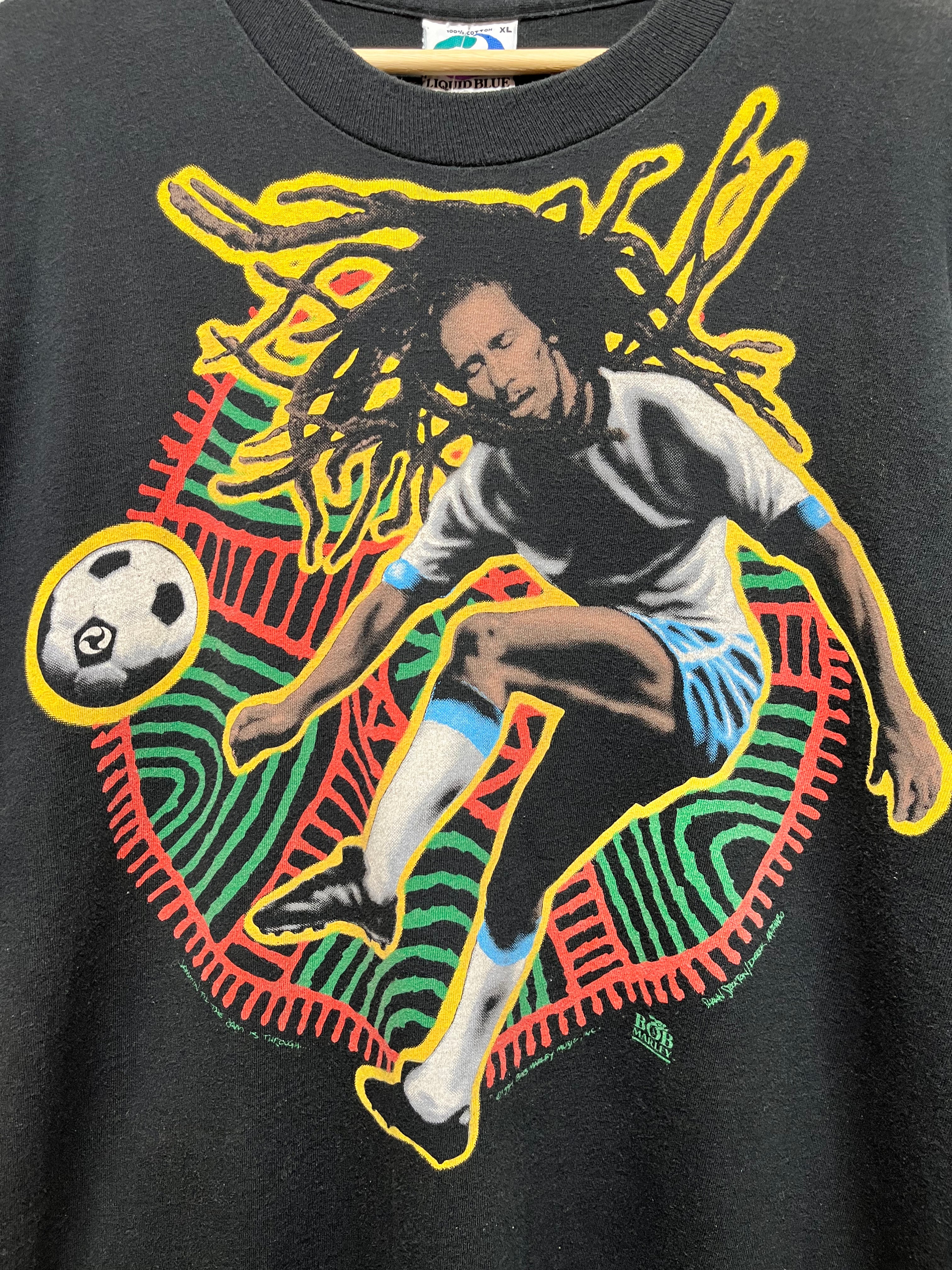 Vintage Bob Marley Liquid Blue Rasta Soccer 1994 Black T-Shirt: XL
