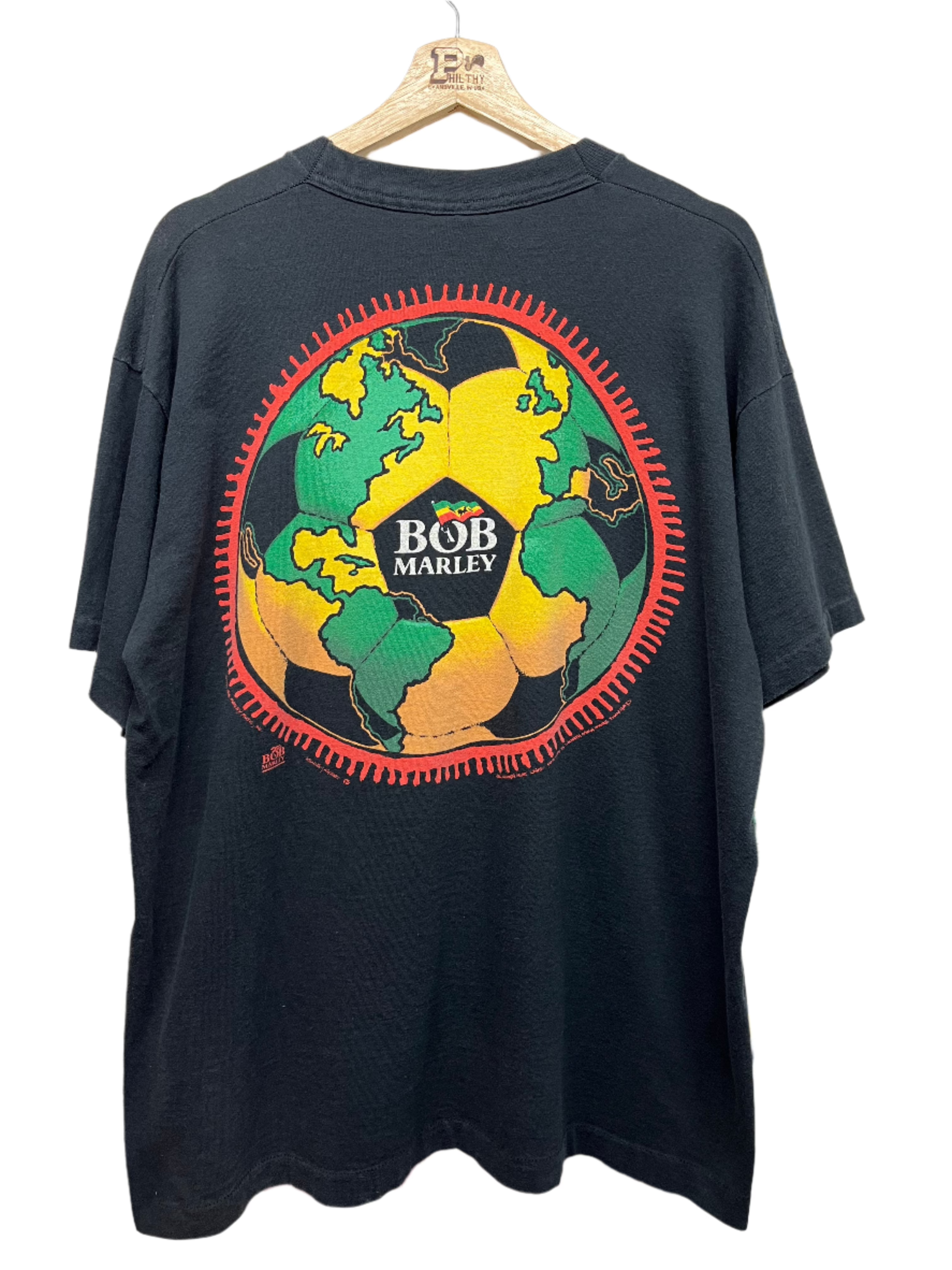 Vintage Bob Marley Liquid Blue Rasta Soccer 1994 Black T-Shirt: XL