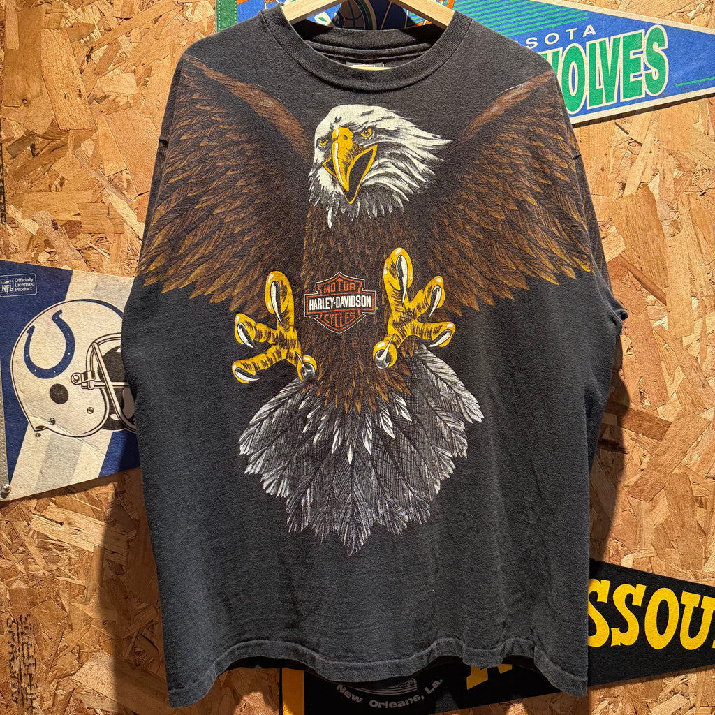 Vintage Harley Davidson Bud's Evansville, Indiana Eagle All Over Print Graphic T-Shirt: XL