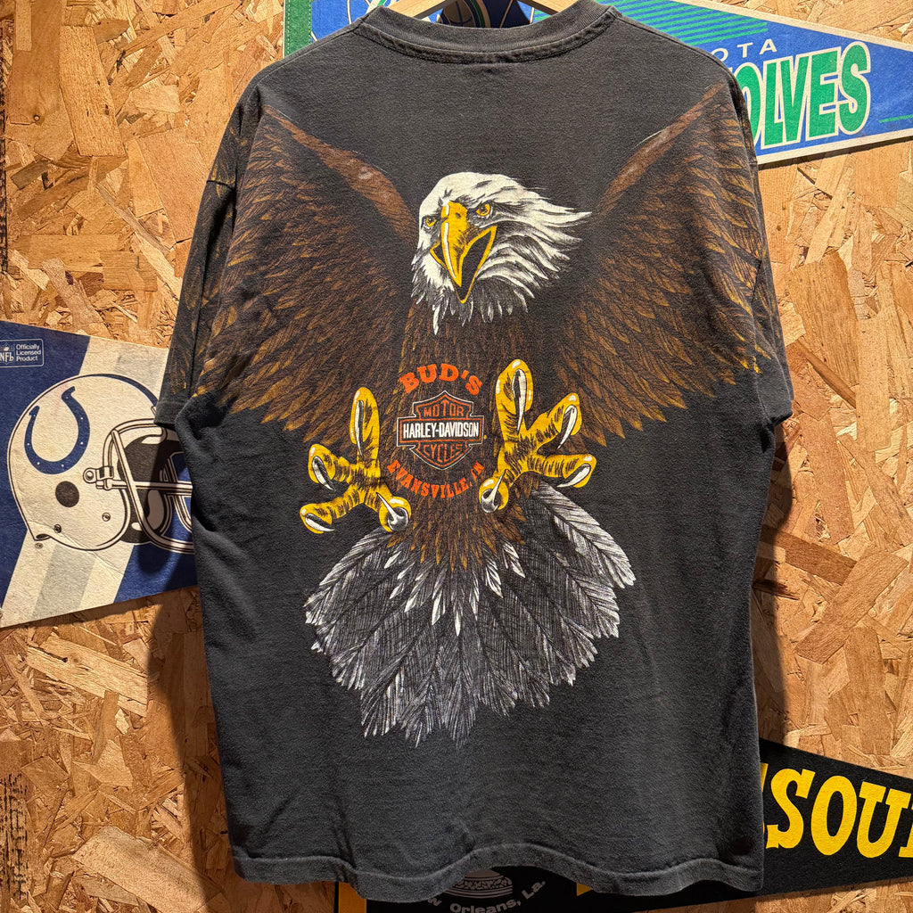 Vintage Harley Davidson Bud's Evansville, Indiana Eagle All Over Print Graphic T-Shirt: XL