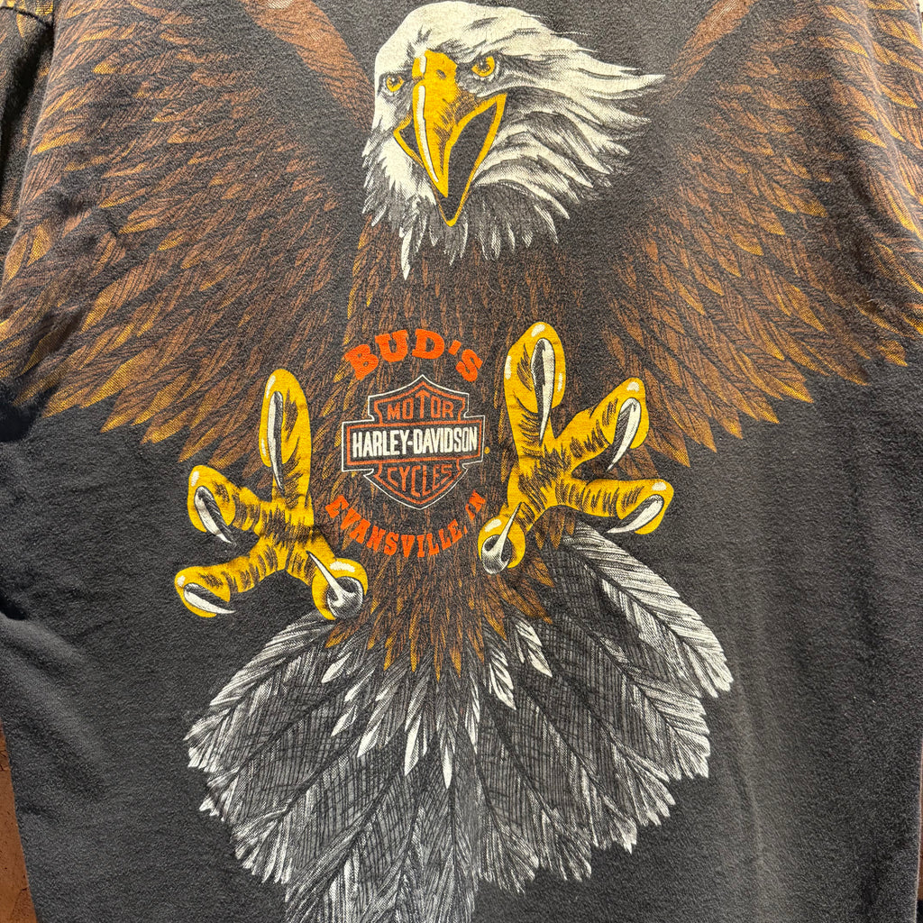 Vintage Harley Davidson Bud's Evansville, Indiana Eagle All Over Print Graphic T-Shirt: XL