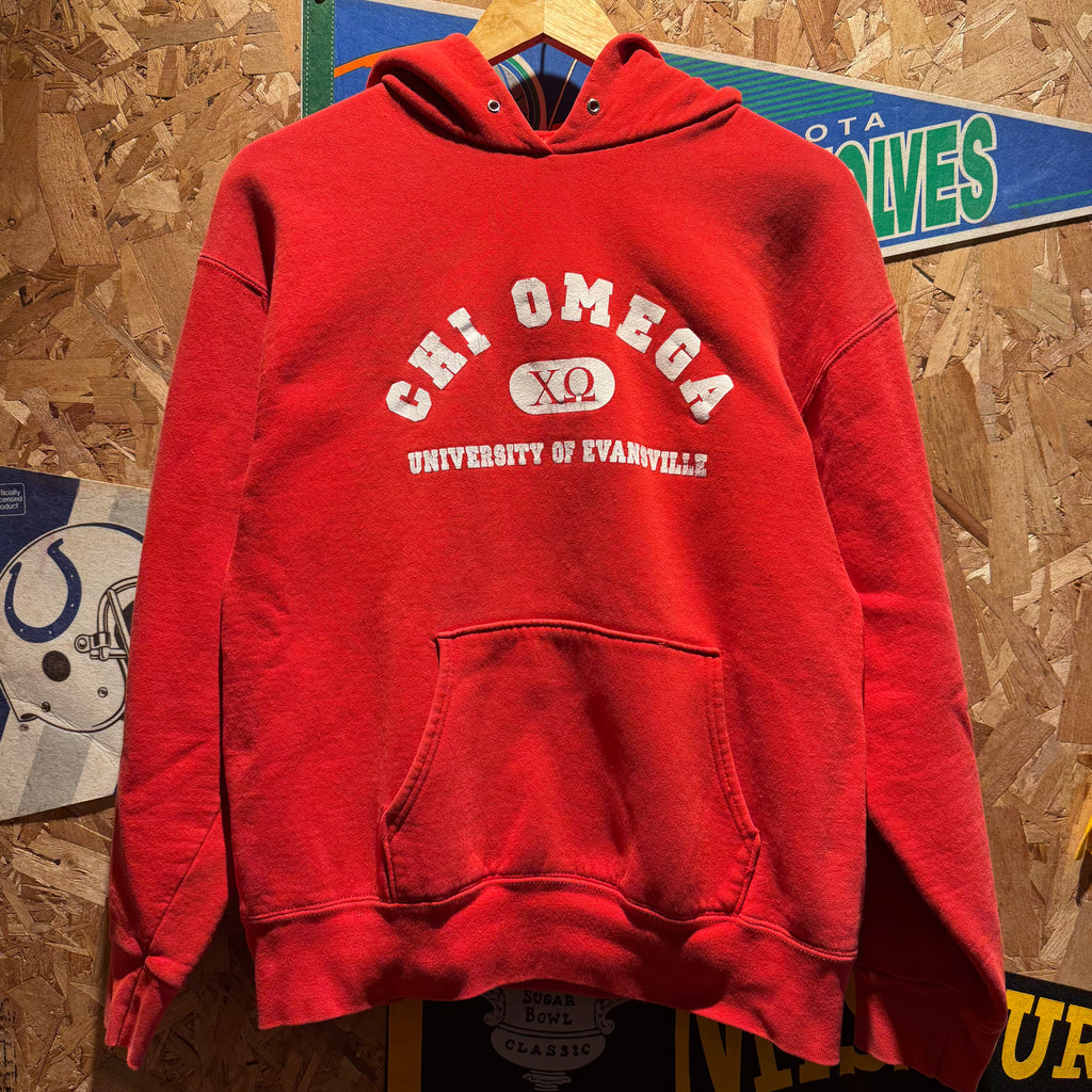 Vintage University of Evansville Chi Omega Fraternity Red Hoodie: L