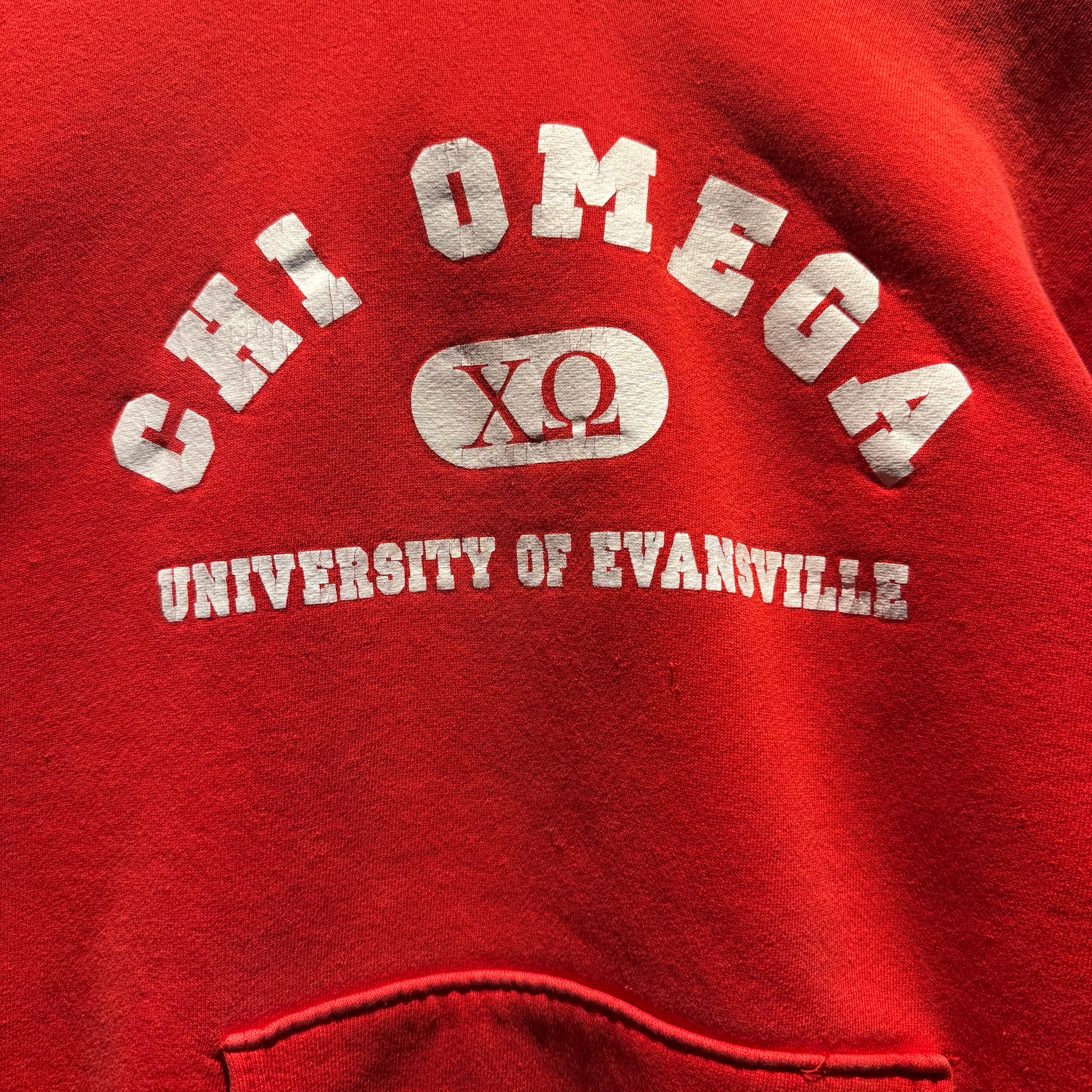 Vintage University of Evansville Chi Omega Fraternity Red Hoodie: L
