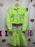 Vintage Jimmy Z Two Piece Neon Green Rave Festival Jacket & Skirt Outfit Medium