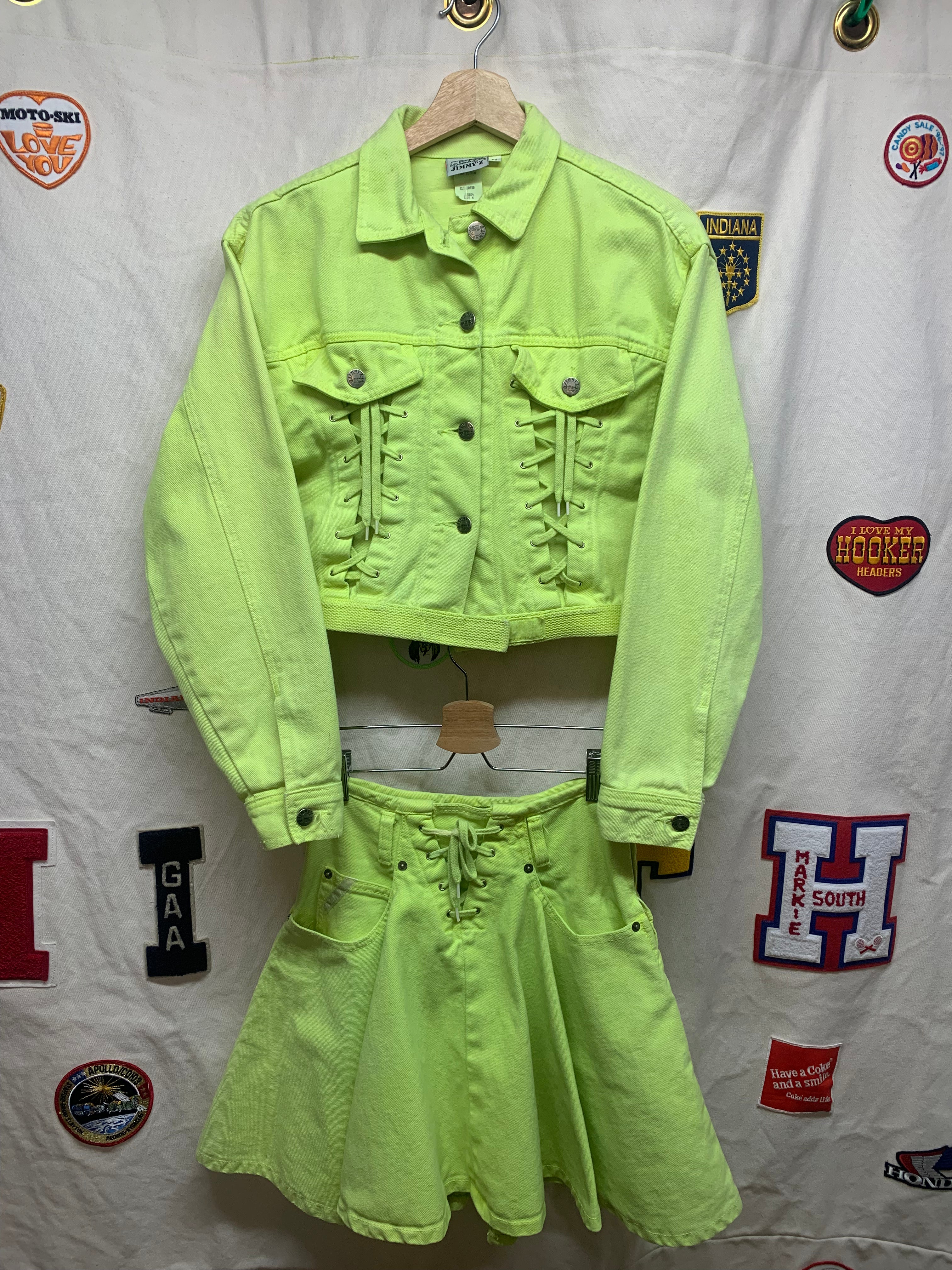 Vintage Jimmy Z Two Piece Neon Green Rave Festival Jacket & Skirt Outfit Medium