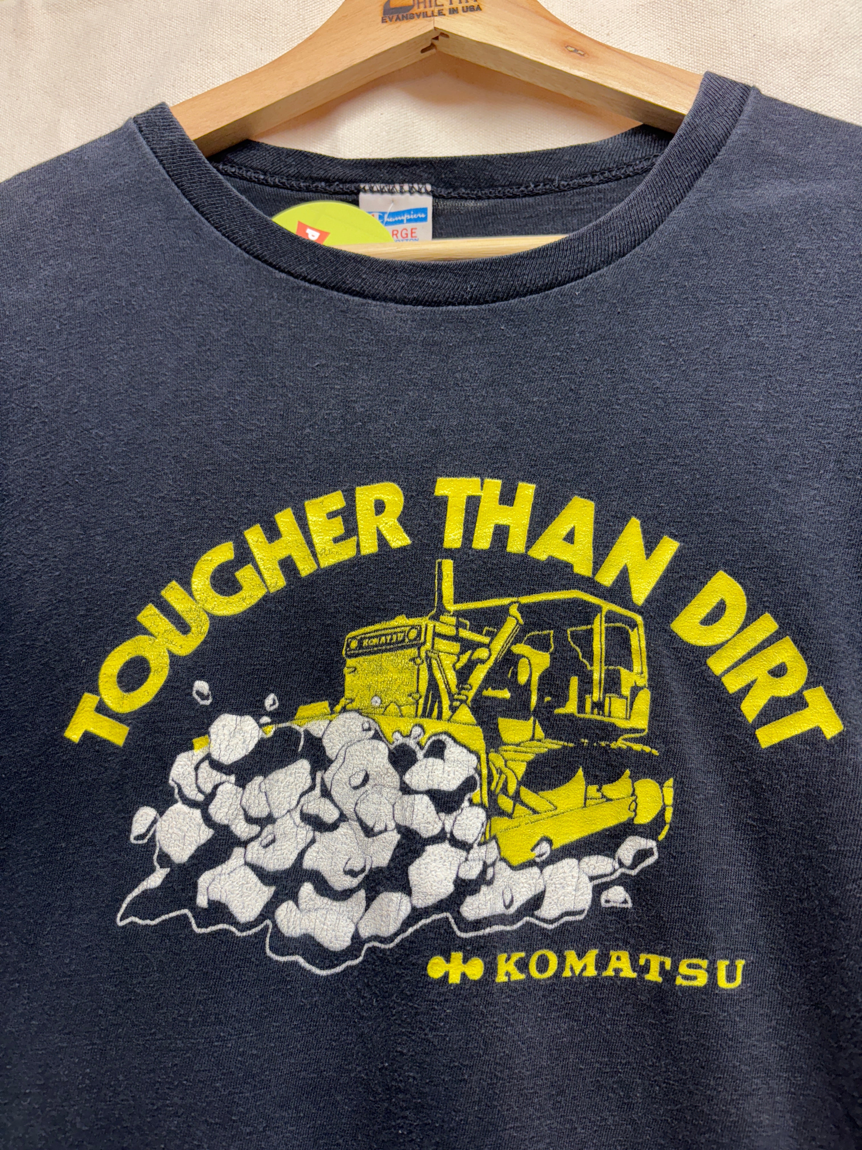 Vintage Komatsu Excavator Tougher Than Dirt Black 80's Champion Blue Bar T-Shirt: Large