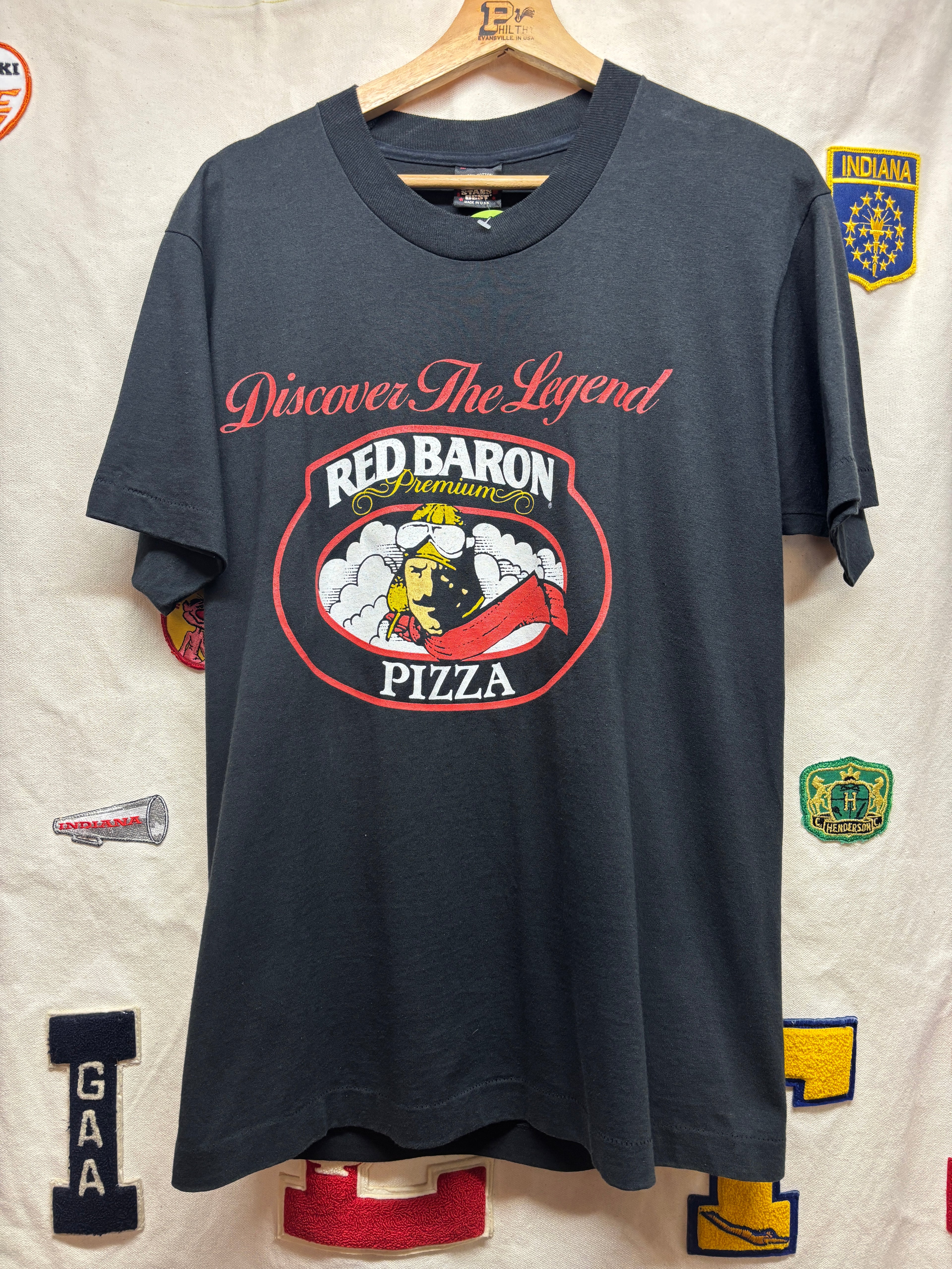 Vintage Red Baron Pizza Food Promo Black T-Shirt: Large