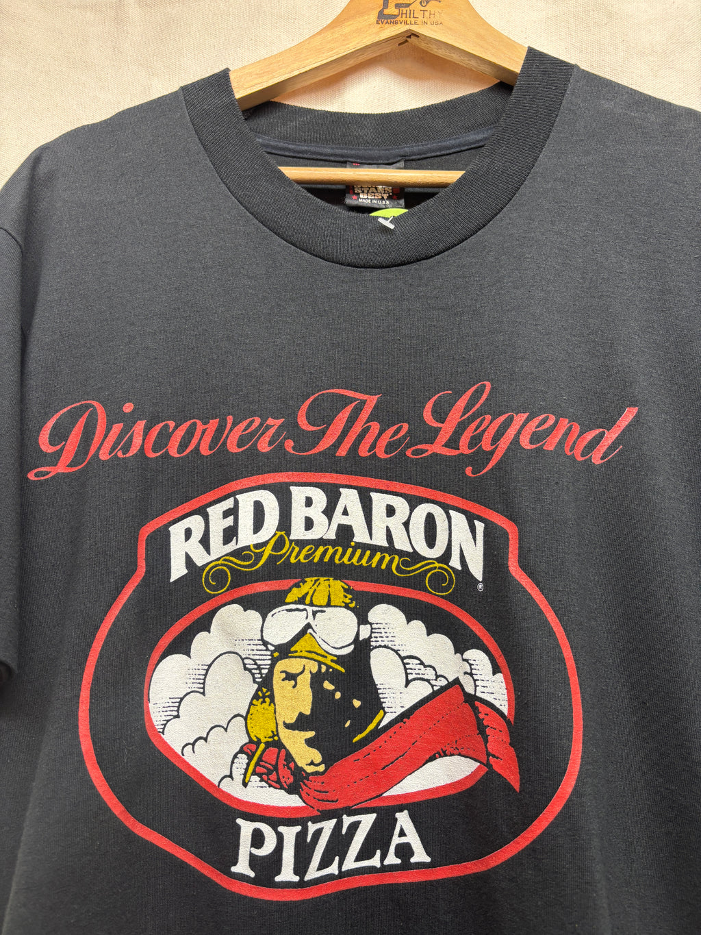 Vintage Red Baron Pizza Food Promo Black T-Shirt: Large