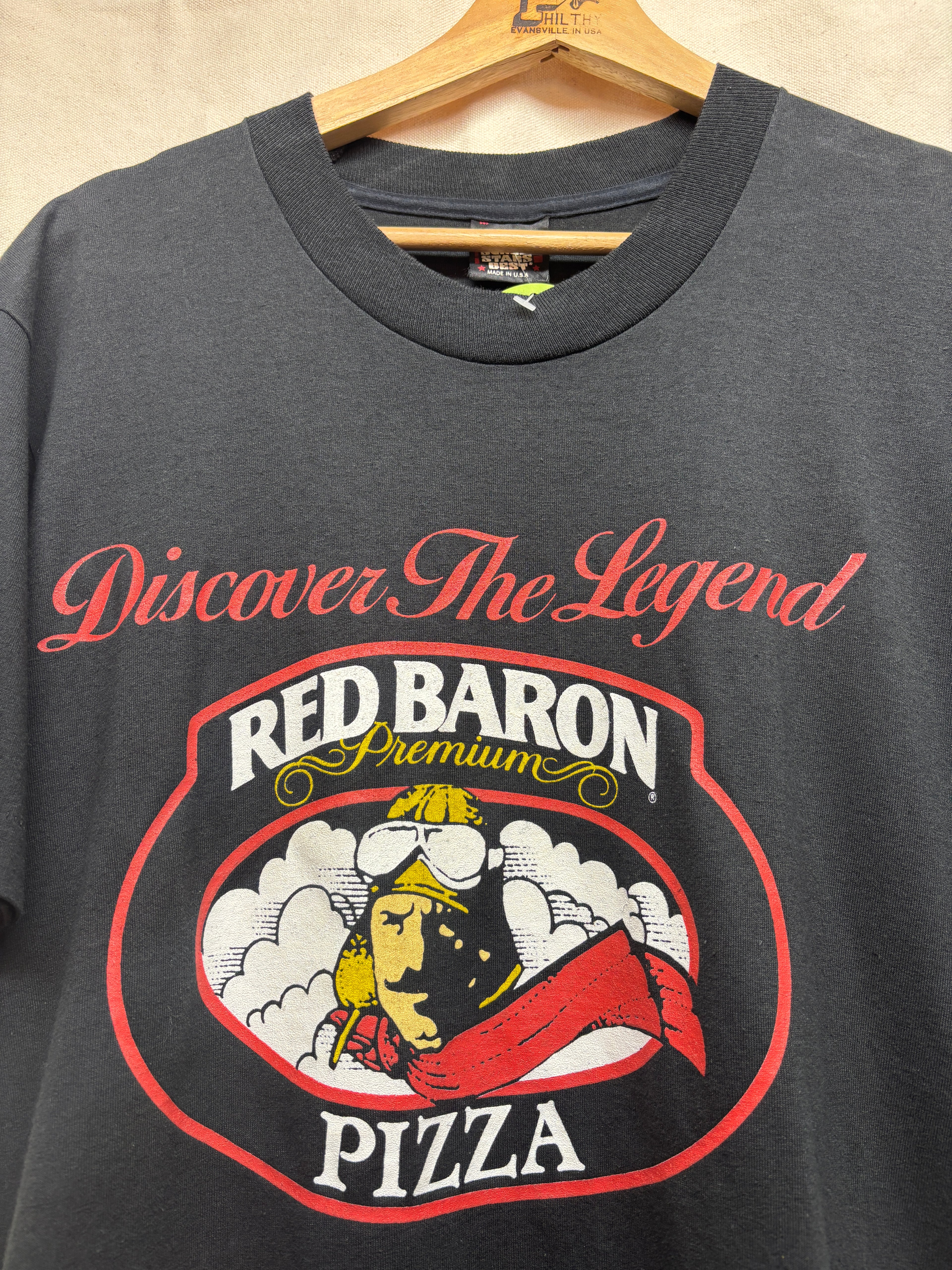 Vintage Red Baron Pizza Food Promo Black T-Shirt: Large