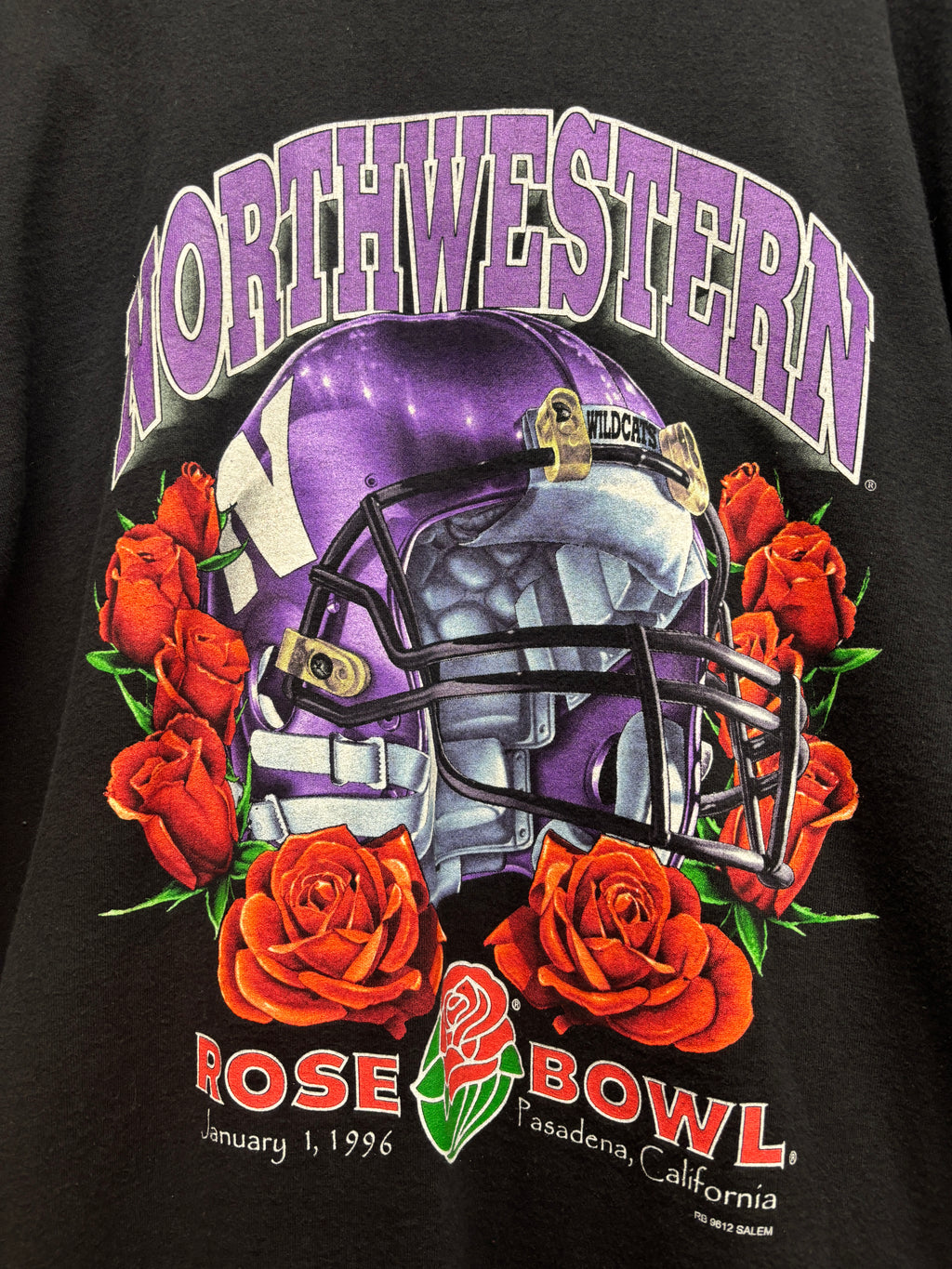 Vintage Northwestern University Wildcats Football Helmet 1996 Rose Bowl Salem Black T-Shirt: XXL