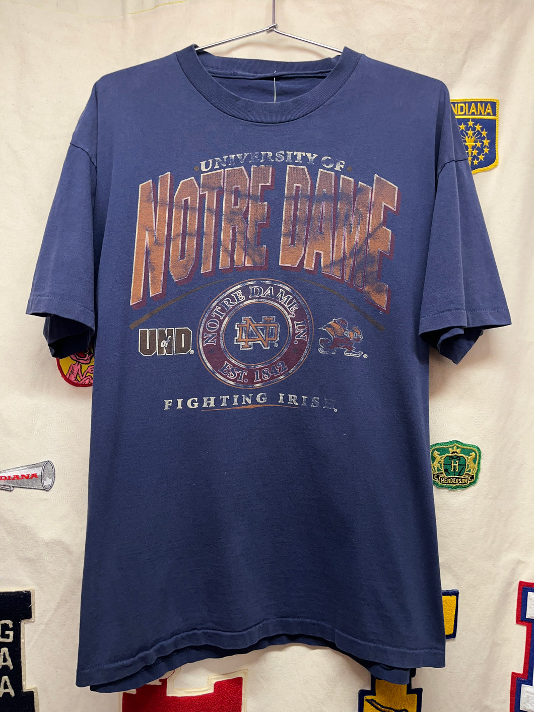 Vintage Notre Dame Fighting Irish Navy Distressed 90’s Single Stitch T-Shirt: XL