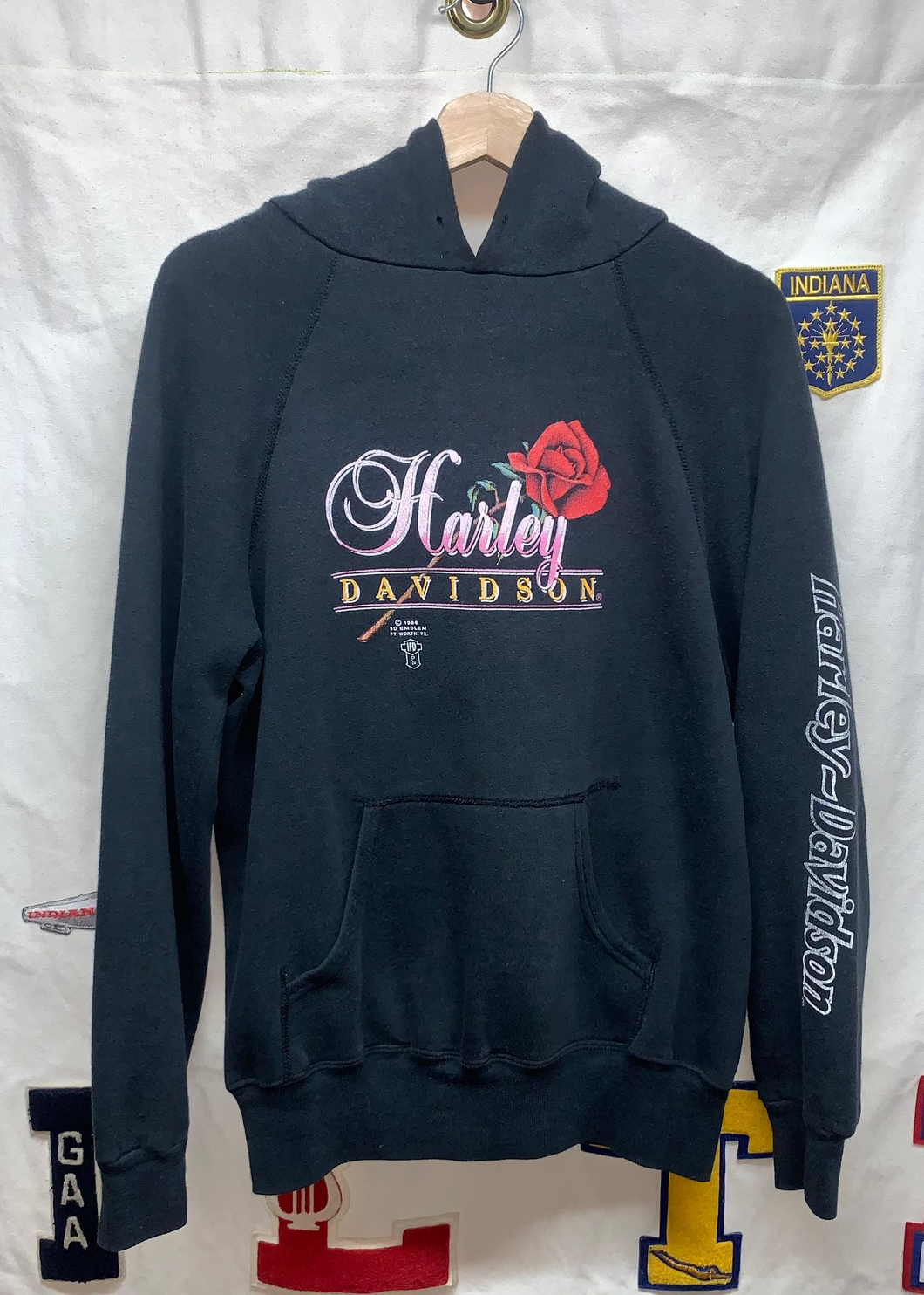 Vintage Harley Davidson Rose 3D Emblem 1986 Black Long Sleeve Raglan Sweatshirt Hoodie Small