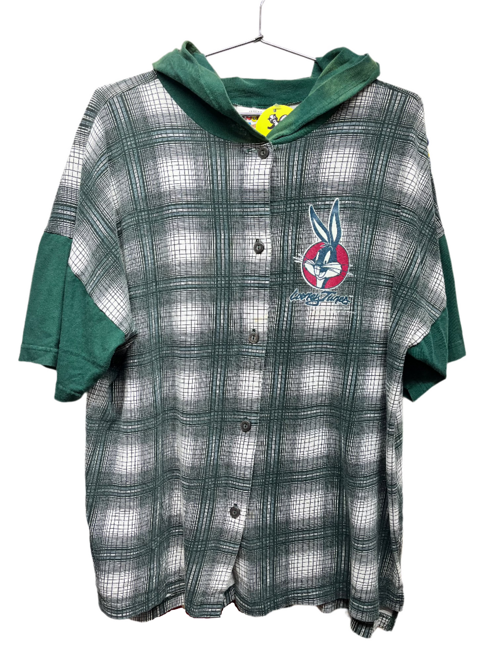 Vintage Looney Tunes 90's Plaid Hooded Button Up Baseball Jersey Shirt: Large