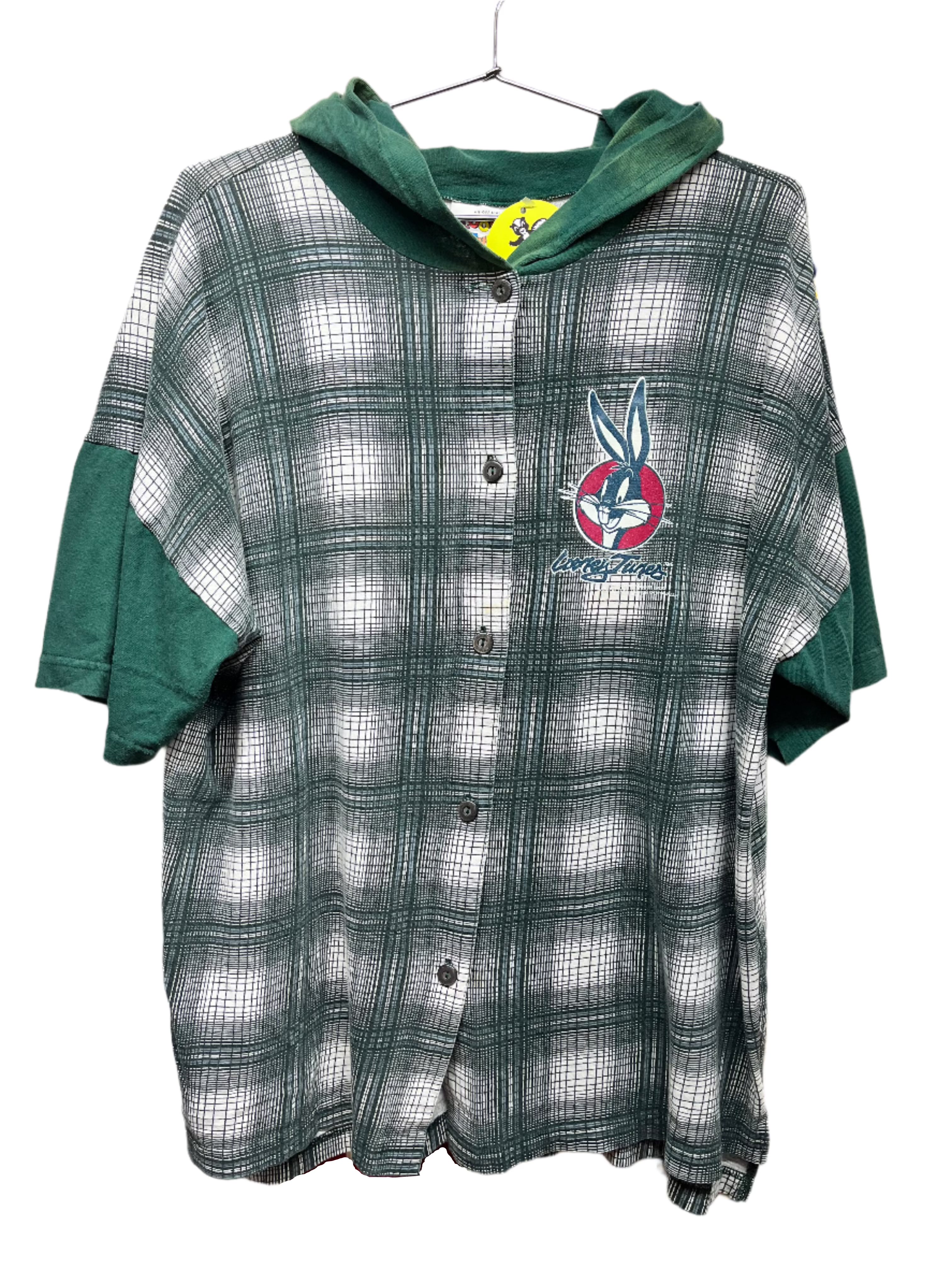 Vintage Looney Tunes 90's Plaid Hooded Button Up Baseball Jersey Shirt: Large