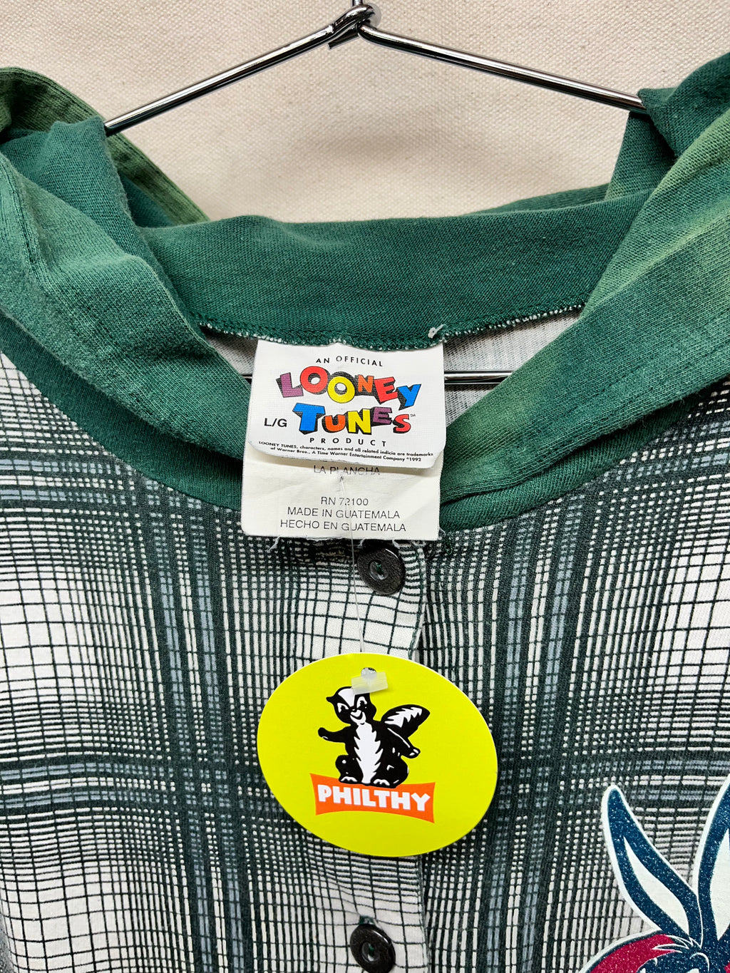 Vintage Looney Tunes 90's Plaid Hooded Button Up Baseball Jersey Shirt: Large