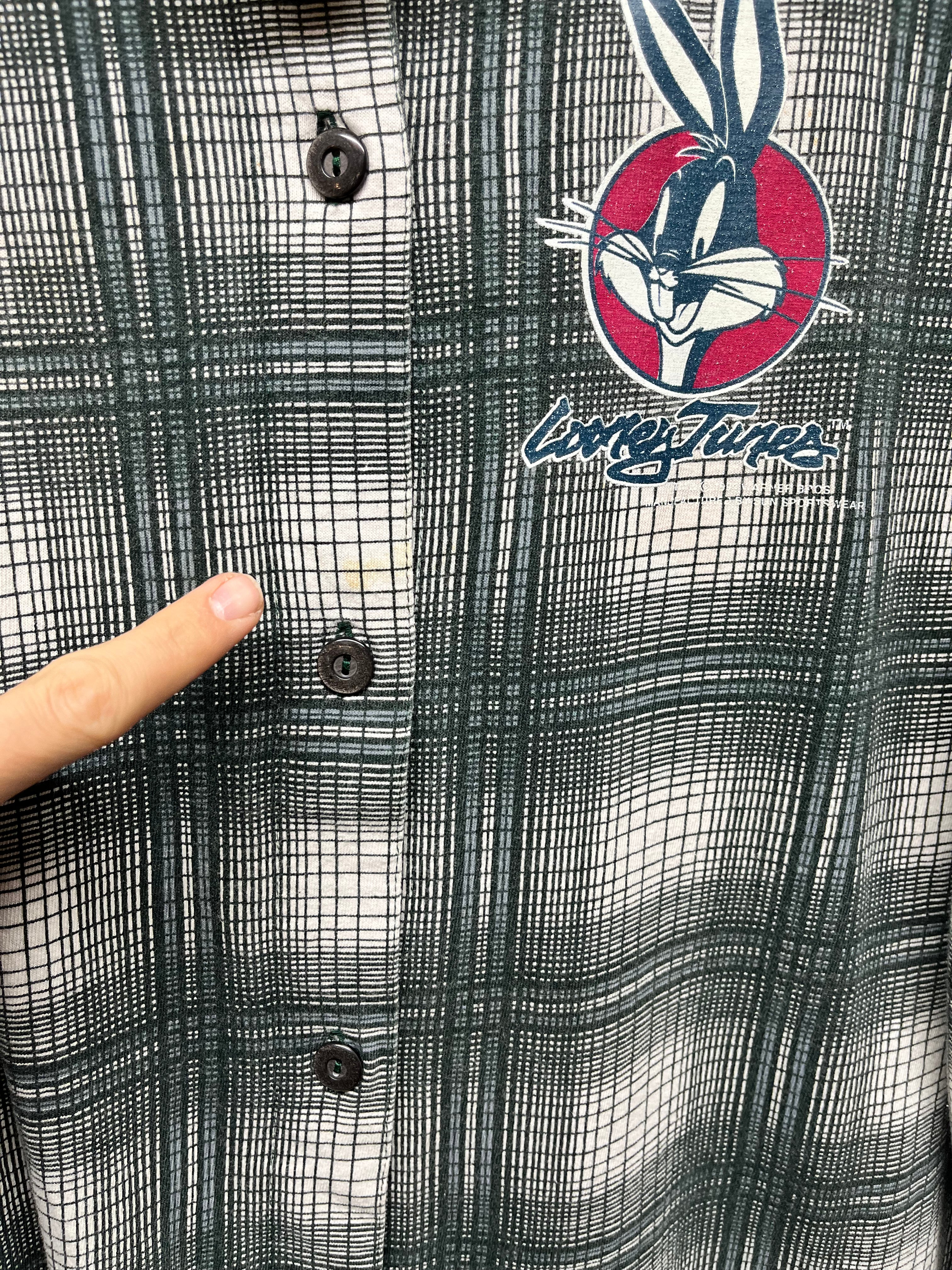 Vintage Looney Tunes 90's Plaid Hooded Button Up Baseball Jersey Shirt: Large