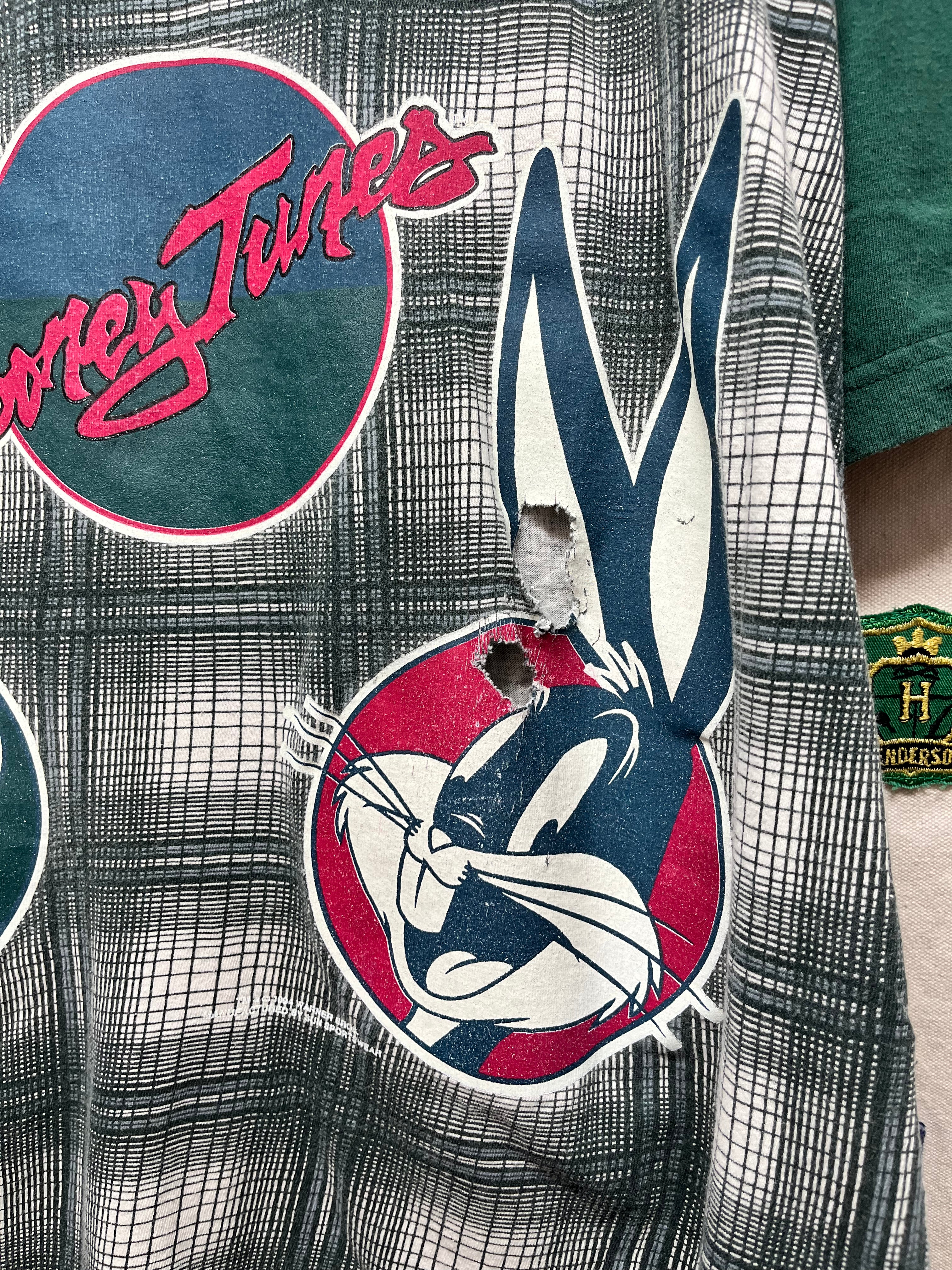 Vintage Looney Tunes 90's Plaid Hooded Button Up Baseball Jersey Shirt: Large