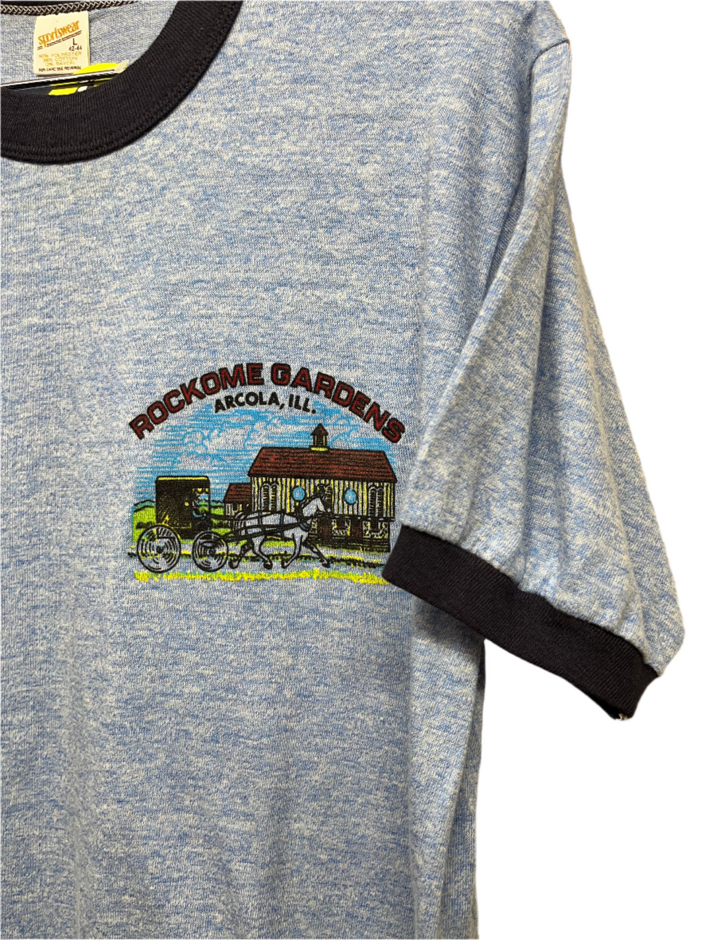 Vintage 80's Amish Rockome Gardens Arcola, Illinois Souvenir Blue Ringer T-Shirt: Large