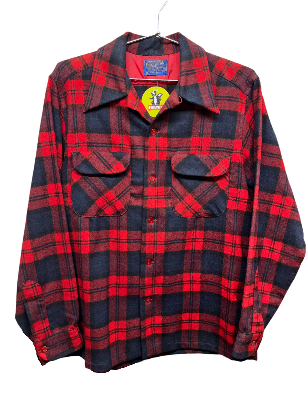 Vintage Pendelton Wool Red Plaid Loop Collar Shirt: Medium