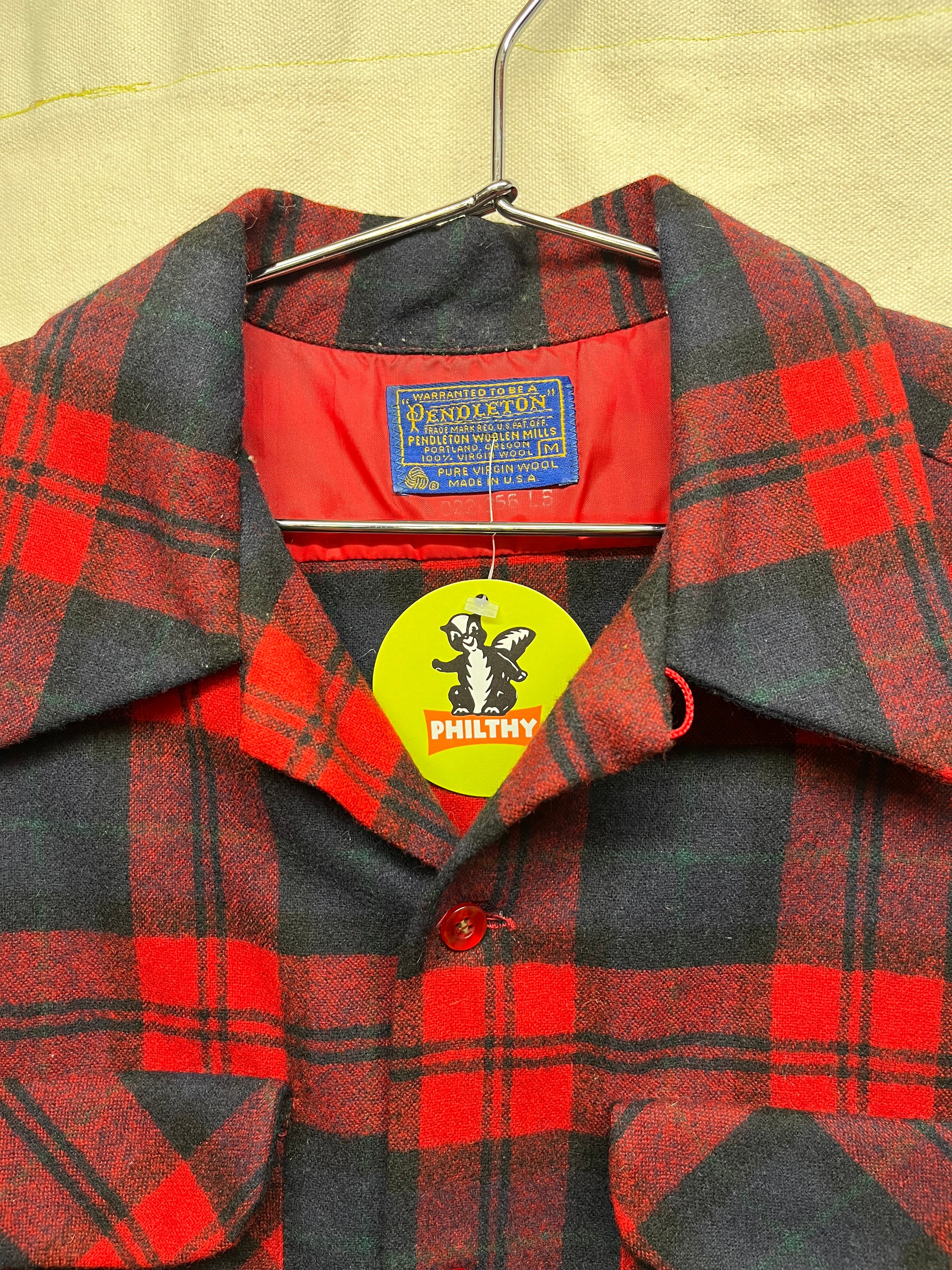 Vintage Pendelton Wool Red Plaid Loop Collar Shirt: Medium