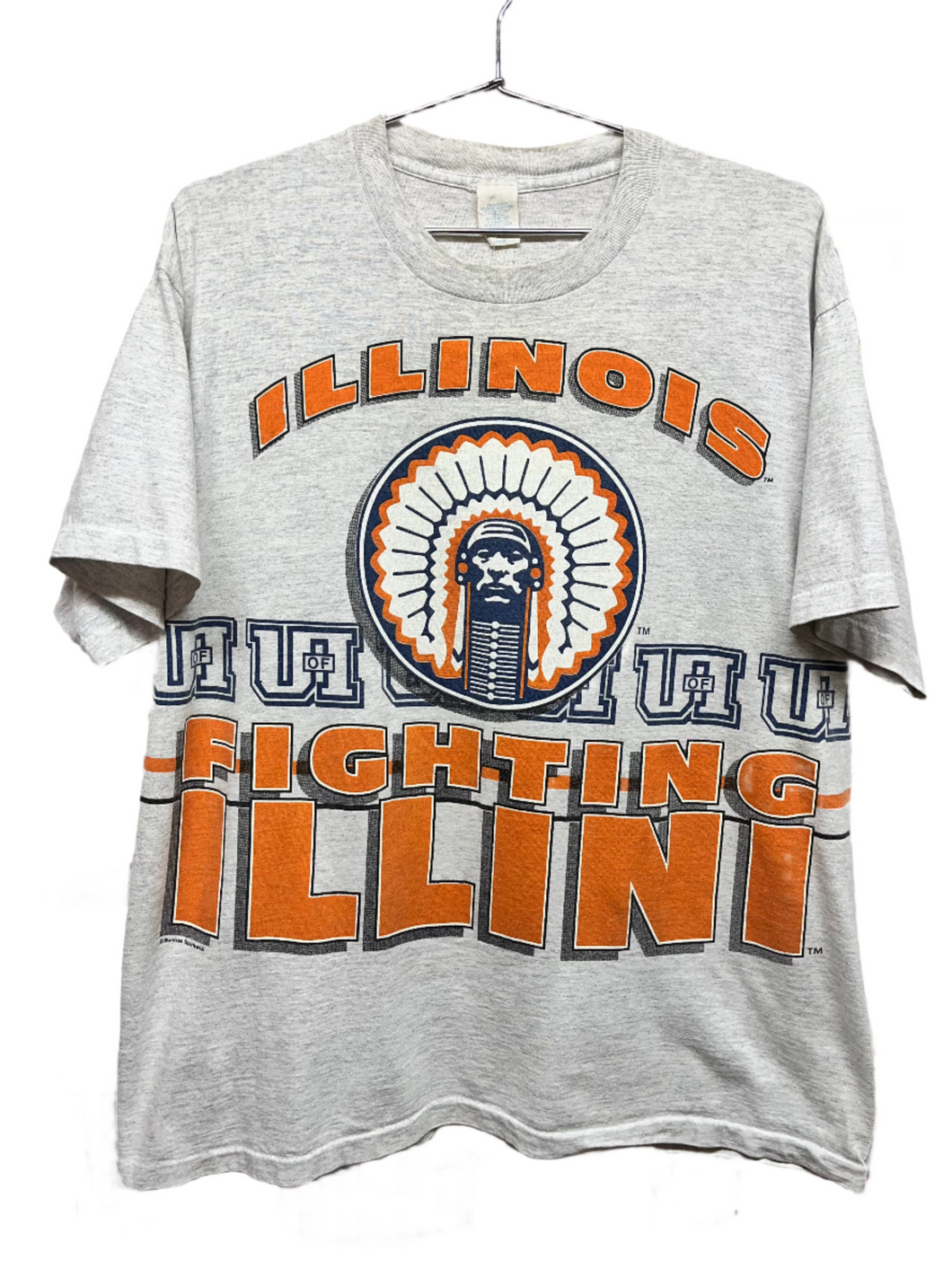 Vtg Fighting Illini University of Illinois Grey All Over Print T-Shirt: Large