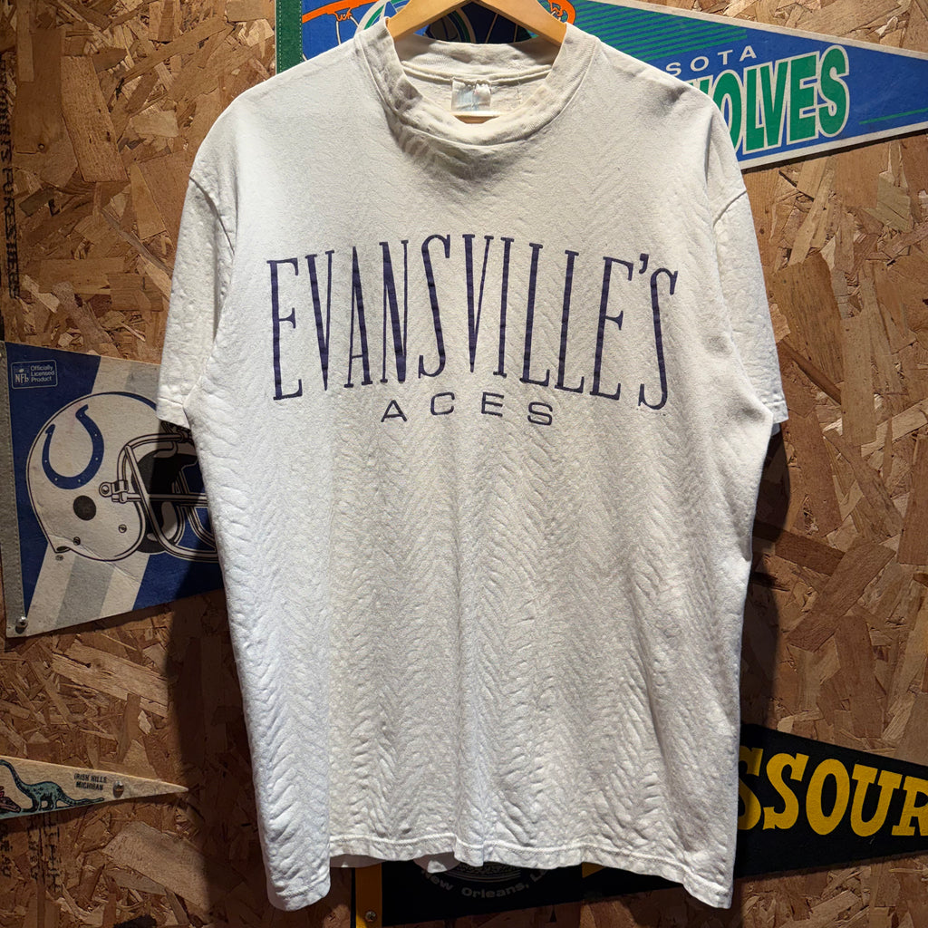 Vintage University of Evansville Purple Aces All Over Graphic T-Shirt: XL