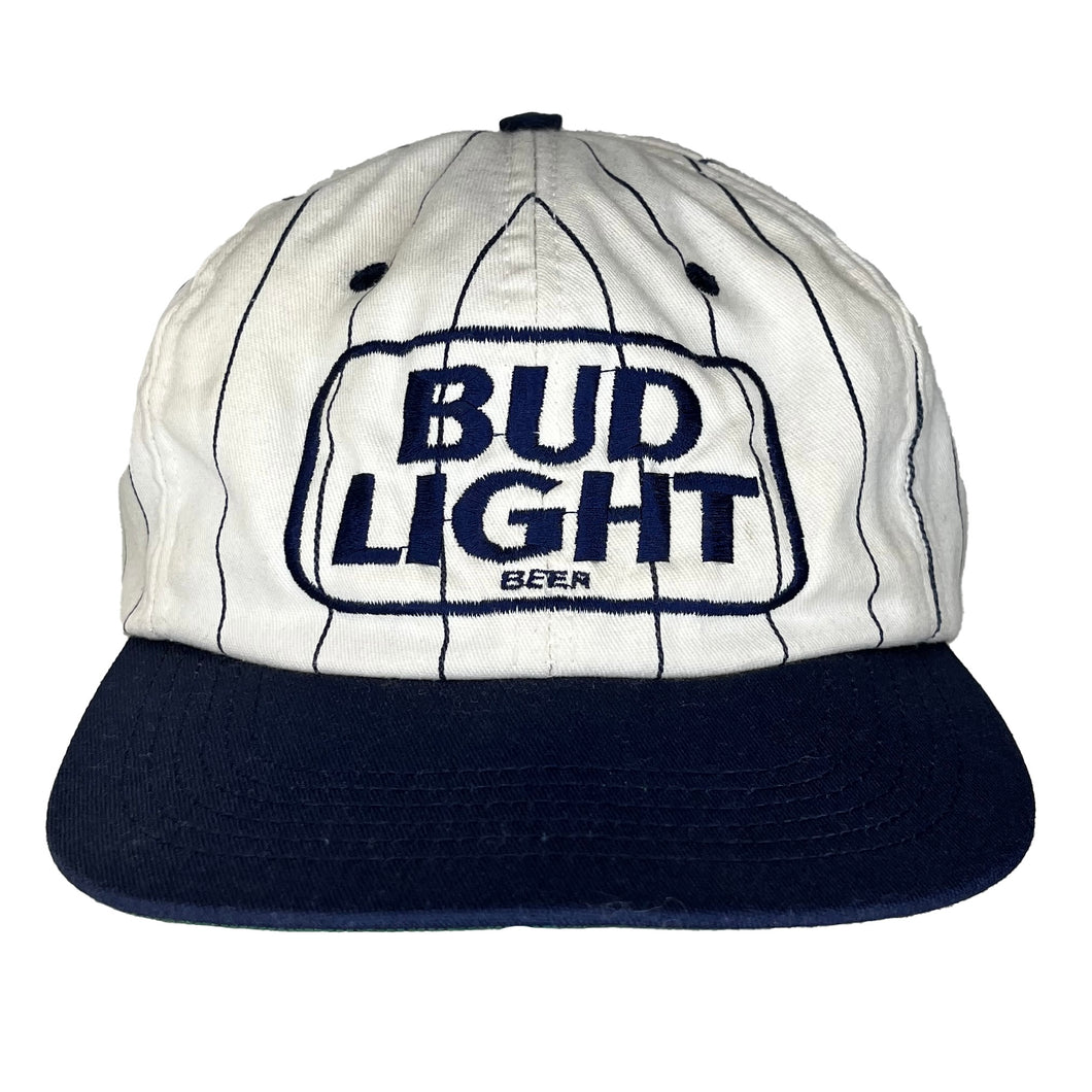Vtg Bud Light Beer Pinstripe Navy White Embroidered 90's Snapback Hat