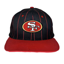 Load image into Gallery viewer, Vtg San Francisco 49ers Pinstripe Black Red 90&#39;s NFL Patch Snapback hat
