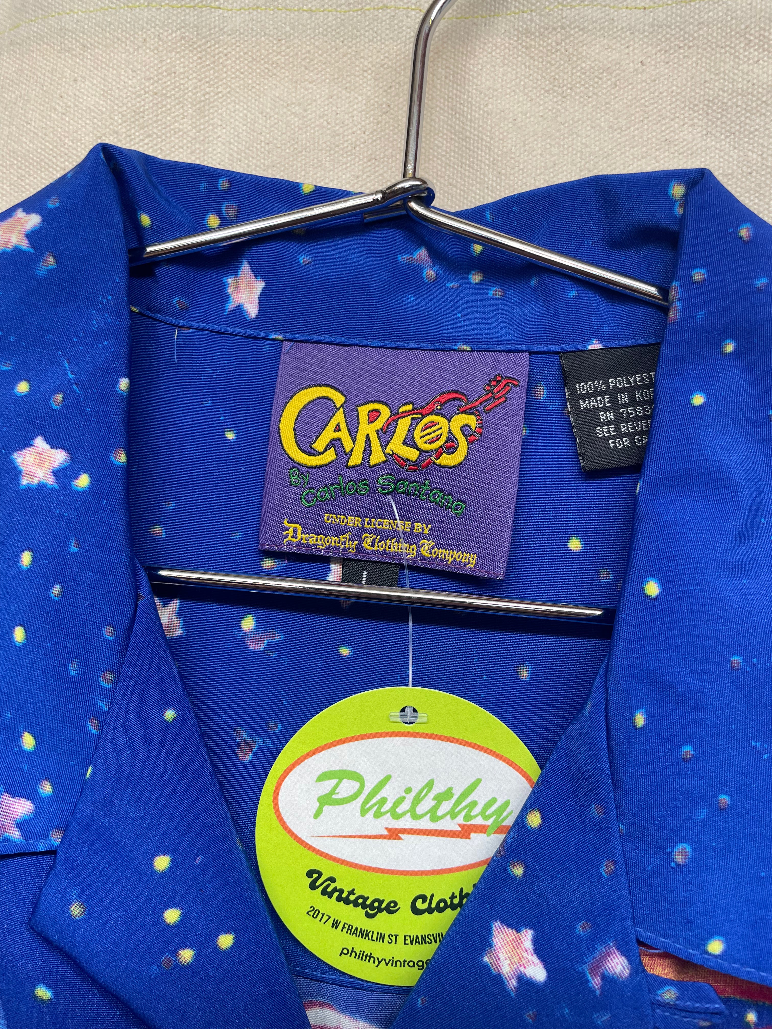 Vintage Carlos Santana Dragonfly Abstract Galaxy Button Up Shirt: Large