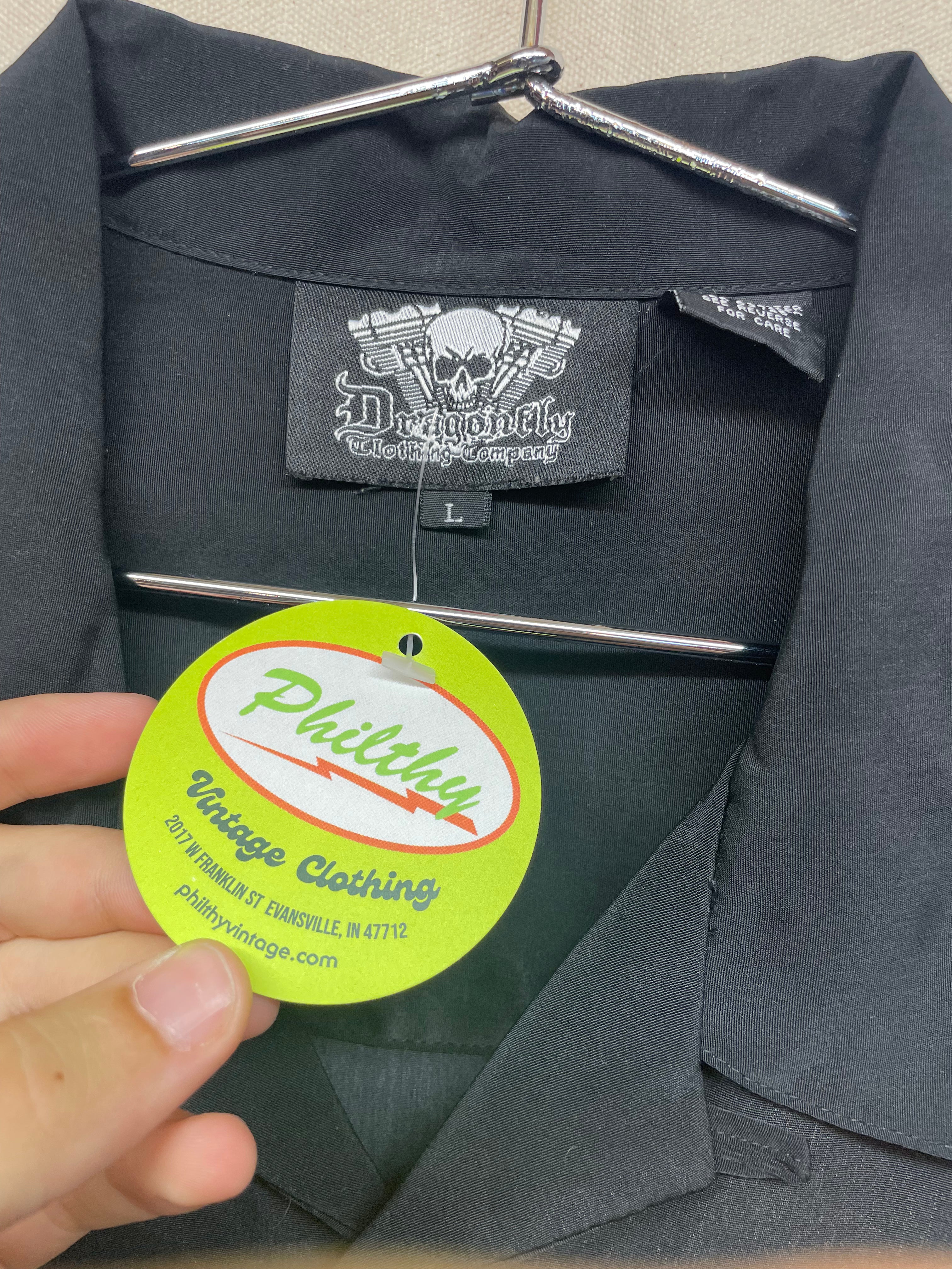 Vintage Dragonfly "Biker Babe" Black Button Up Shirt: Large